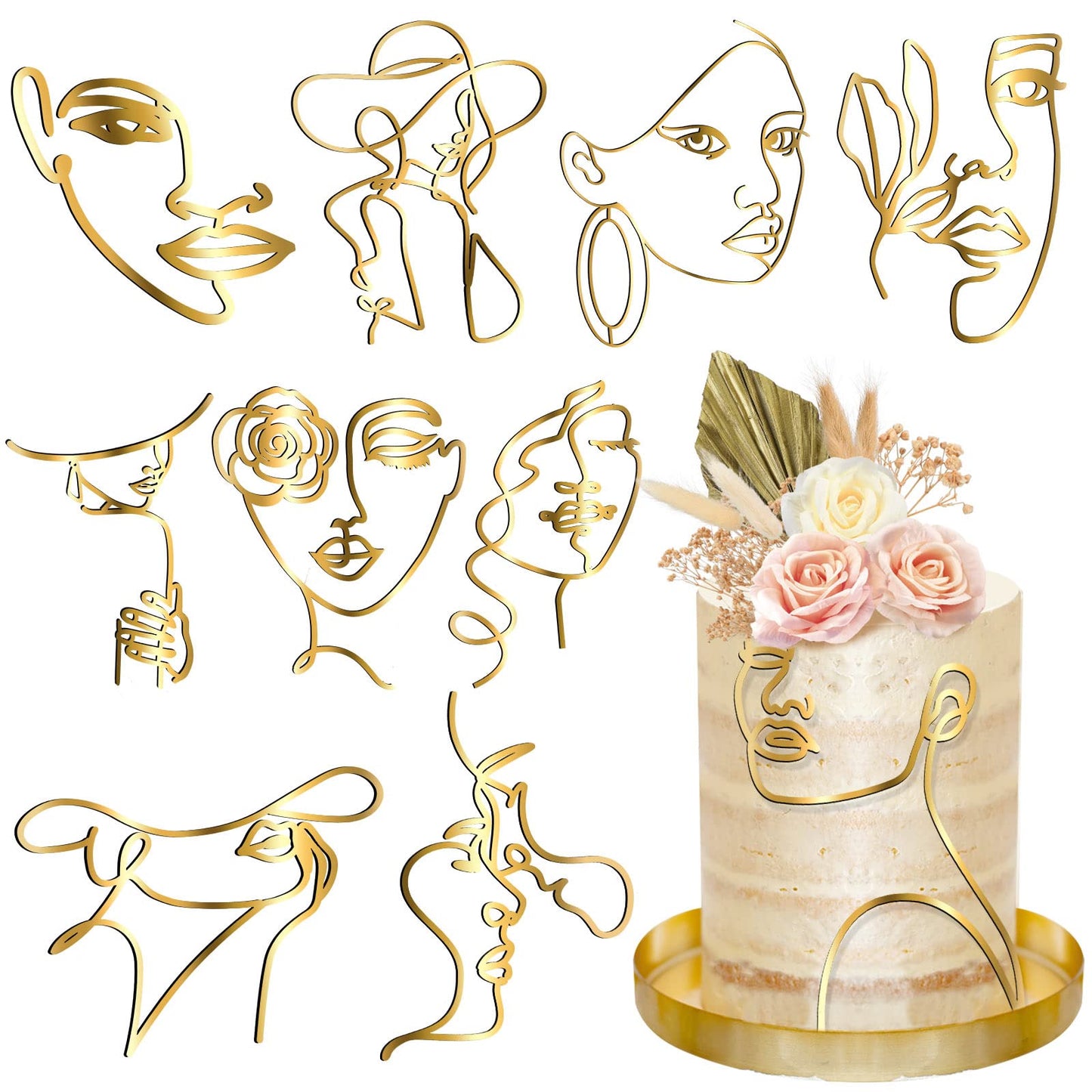 Marsui Cake Topper Set, 10 Pcs Acrylic Lady Face Toppers, 6.69 inches, Gold, Minimalist Design for Birthday and Wedding Decorations