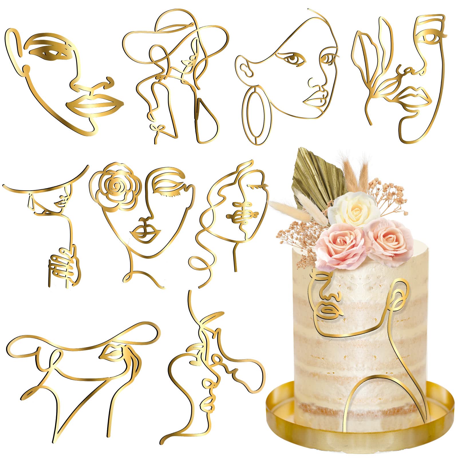 Marsui Cake Topper Set, 10 Pcs Acrylic Lady Face Toppers, 6.69 inches, Gold, Minimalist Design for Birthday and Wedding Decorations