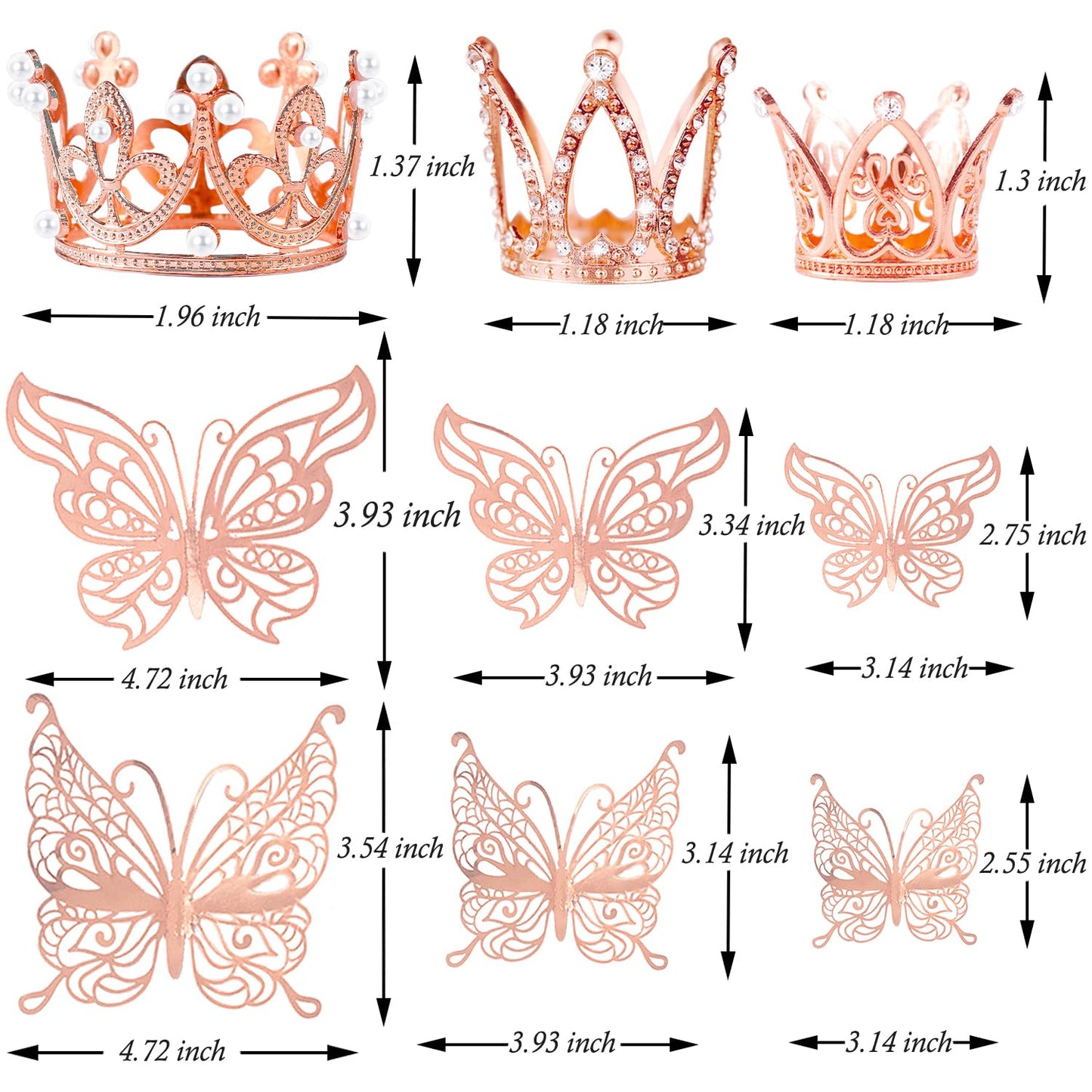 30 Pieces Mini Crown Cake Topper Small Rose Gold Crown Mini Tiara With 3D Rose Gold Butterfly Decoration 3D For Flower Arrangeme
