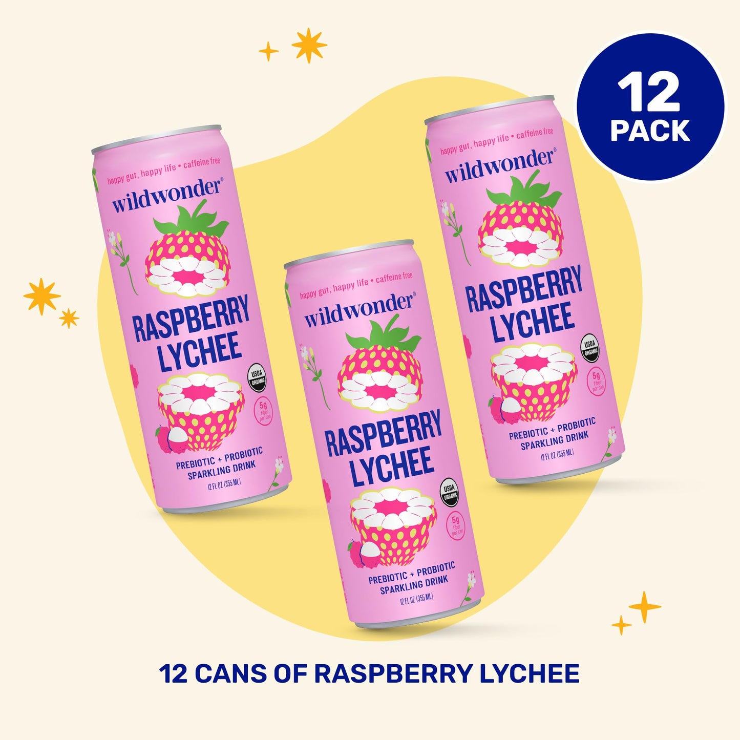 Wildwonder Sparkling Probiotic Drink, Raspberry Lychee, 12oz Can, 12 Pack, Organic, Vegan, Low Sugar