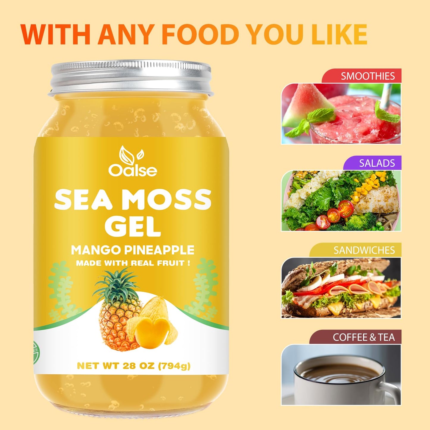 OALSE (28OZ Irish Sea Moss Gel Mango Pineapple Flavor - Natural Seamoss Gel with 92 Minerals and Vitamins - Non-GMO, Gluten-Free