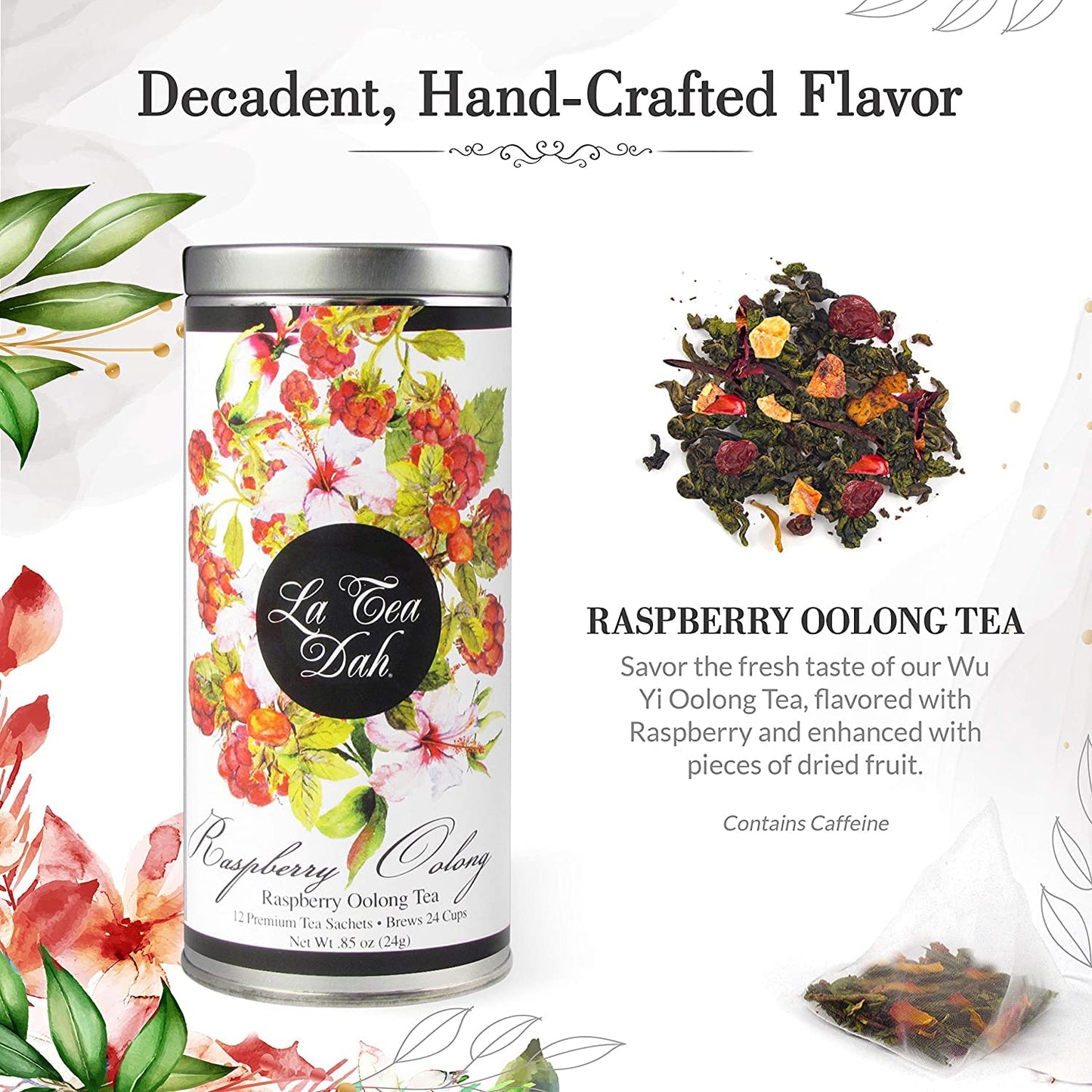 La Tea Dah Raspberry Oolong Tea Bags, Premium Fruit Blend with Apple & Hibiscus, 12 Sachets