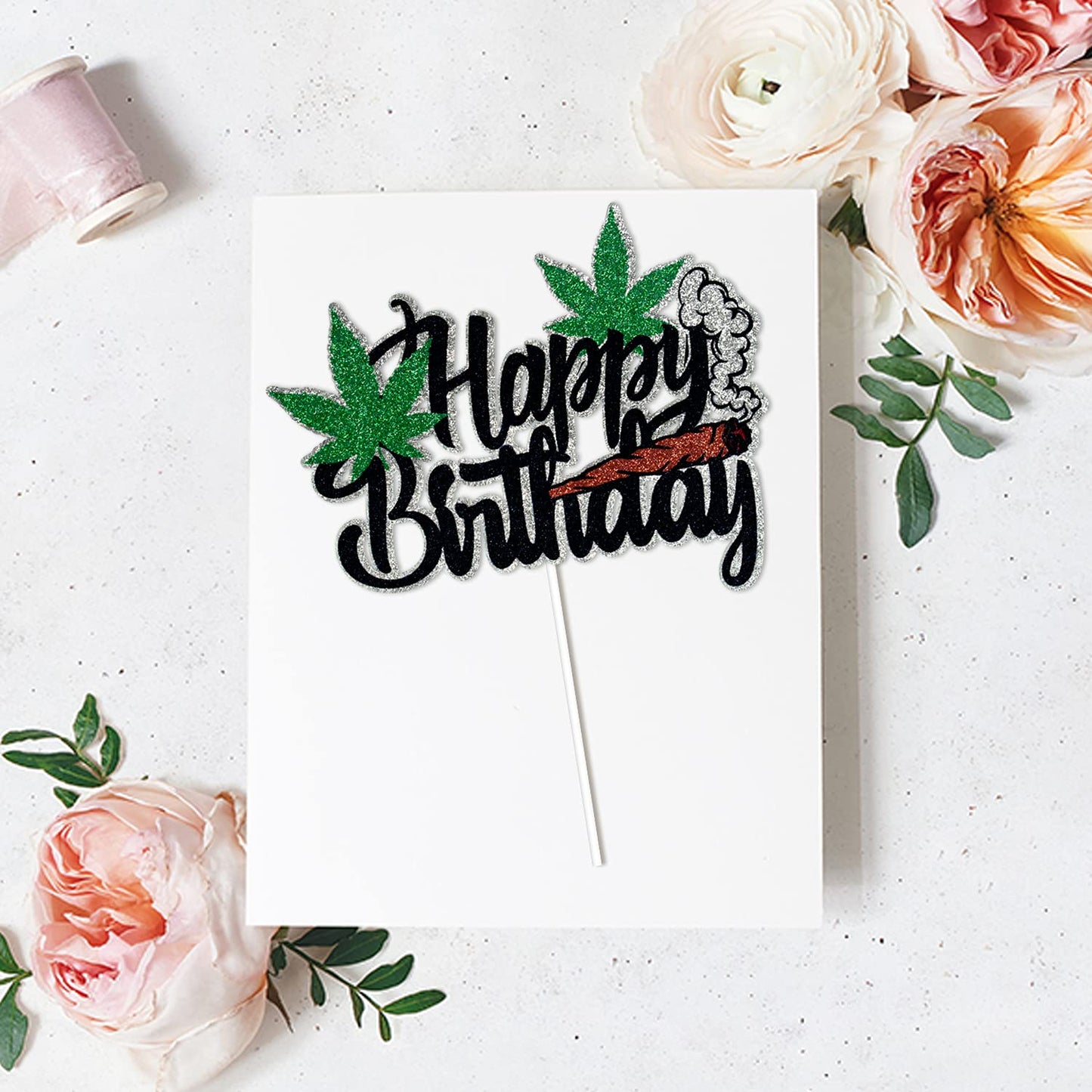 ZFMY Wong Happy Birthday Cake Topper - Black Glitter   Leaf Decoration - 14.5cm/5.7in x 10.7cm/4.2in