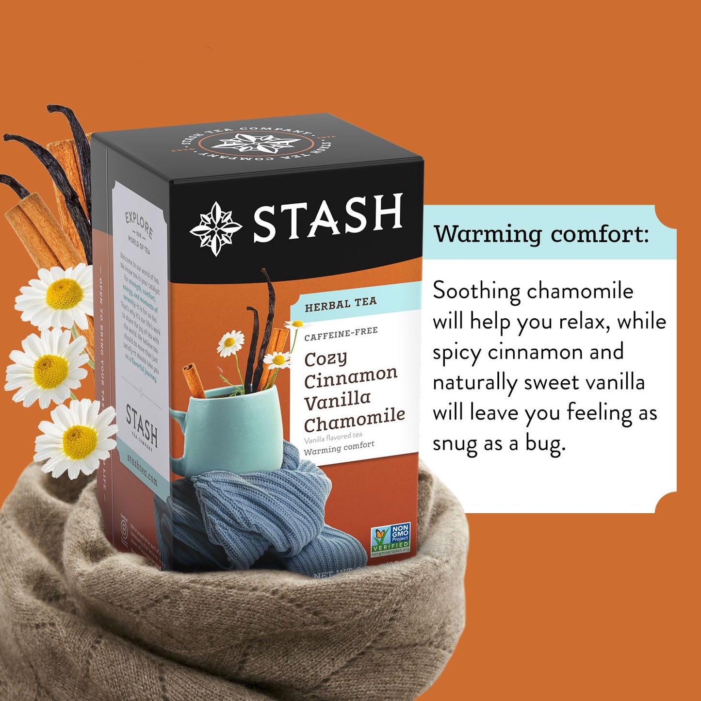 Stash Tea Cozy Cinnamon Vanilla Herbal Tea - Caffeine Free, Non-GMO, 18 Count (Pack of 6) - 108 Bags Total