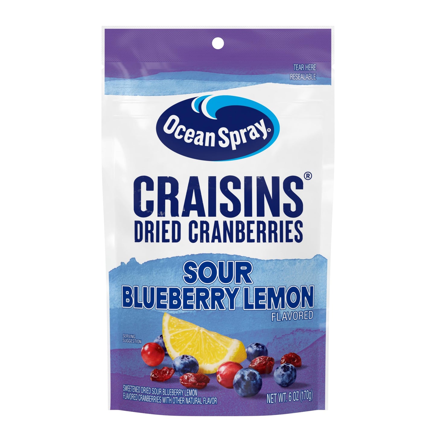 Ocean Spray Craisins Sweetened Dried Cranberries, Sour Blueberry Lemon, 6oz Pouch