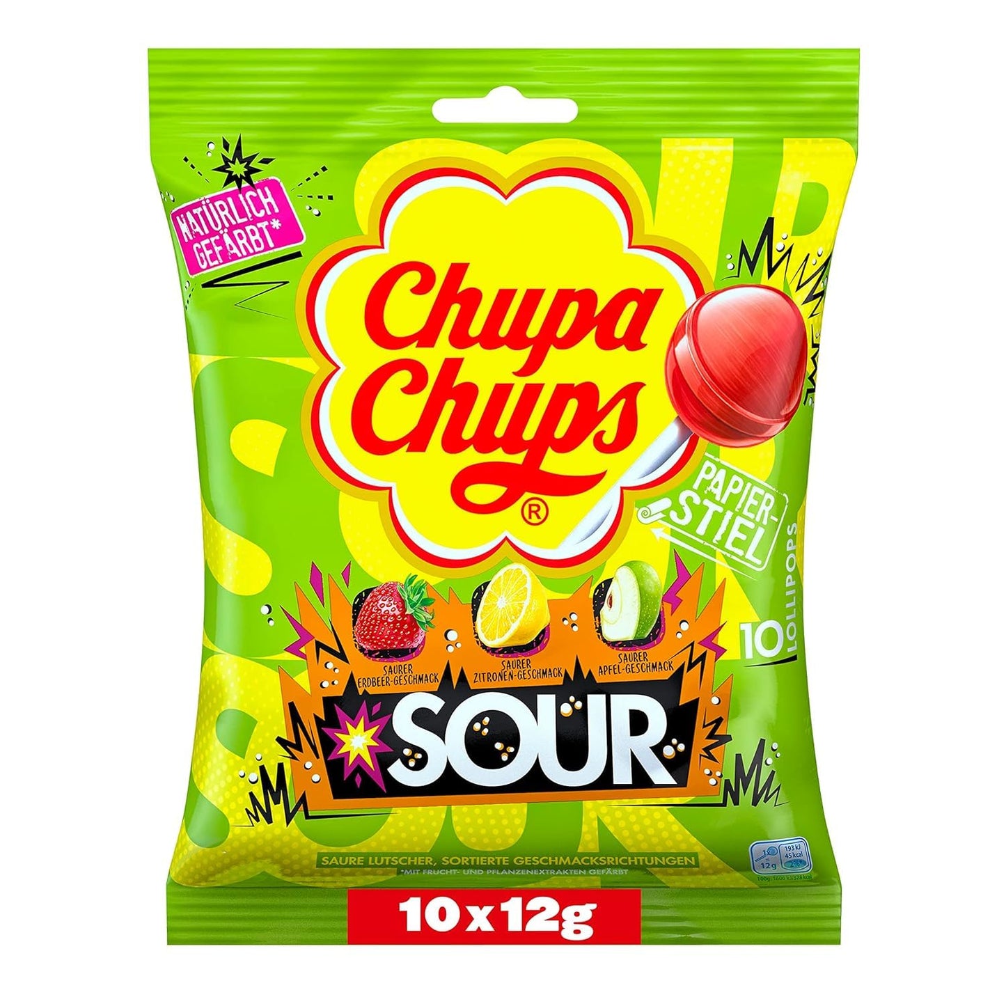 Chupa Chups Extra-Sour Lutscher 120G, 10 Lollis Fruit Lollis