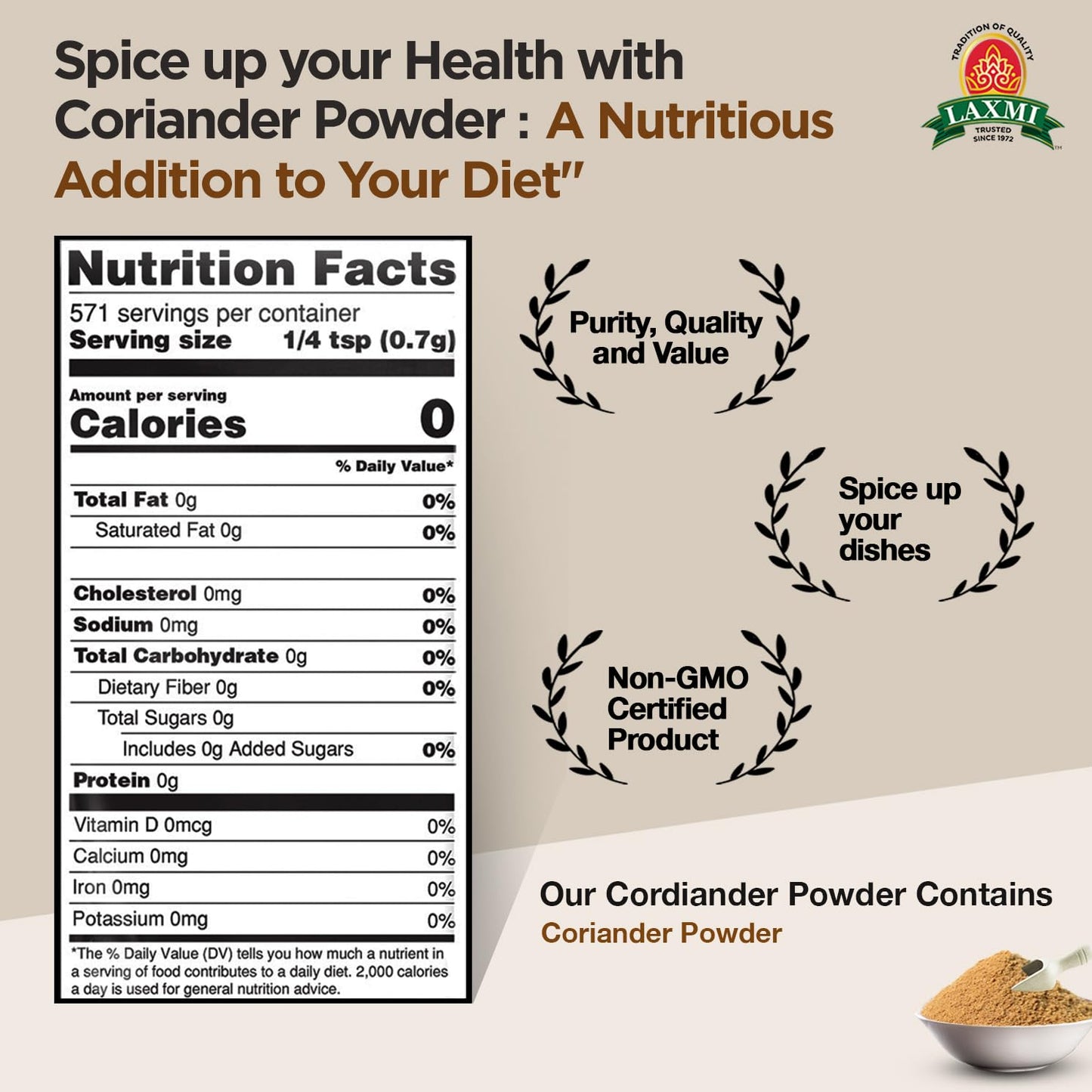Laxmi Coriander Powder 400Gm (14 Oz) | Natural Ground Coriander | Premium Quality And High Value | Non-Gmo Coriander, Ground | Free Of Adulterations