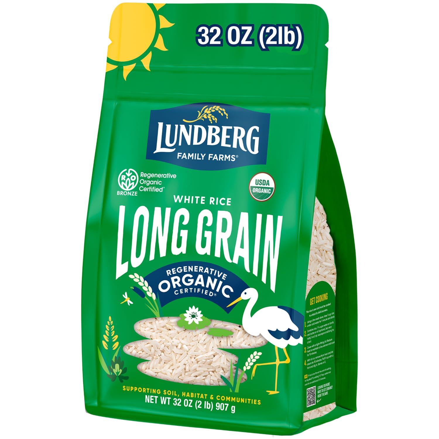 Lundberg White Rice, Regenerative Organic Certified - Non-Sticky, Aromatic Long Grain Rice, Responsibly Grown in California, 32 