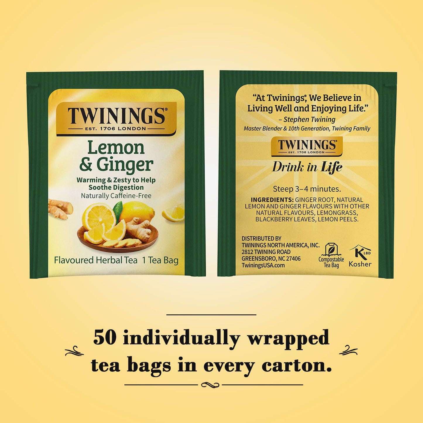 Twinings Lemon & Ginger Herbal Tea - Caffeine-Free, 50 Individually Wrapped Bags