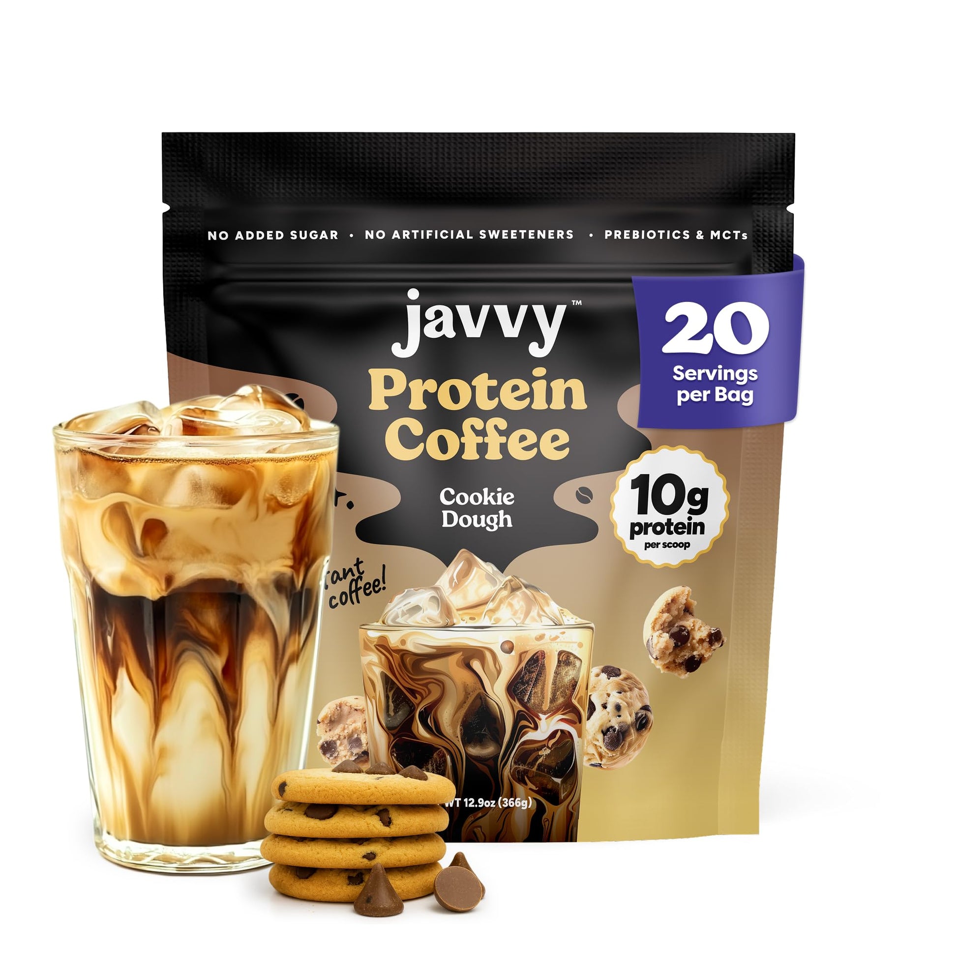 Cookie Dough Protein Iced Coffee - enhanced Whey Protein & Instant Iced Coffees - 100% Natural Cold Brew Coffee - Zero Artificial Flavors & Sweeteners  80 mg Caffeine Per Serving  20 Servings