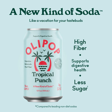 Olipop Prebiotic Soda Pop, Tropical Punch, Prebiotics, Botanicals, Plant Fiber, 12 Fl Oz (12 Cans)