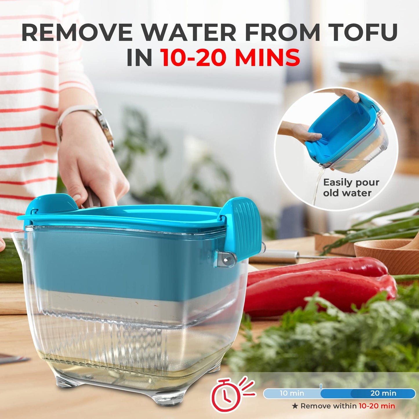 Large 20 oz Tofu Press, Easily Remove Water from Tofu in 10-20 Mins, Vegan Tofu Presser for Firm or Extra Firm Tofu, Dishwasher