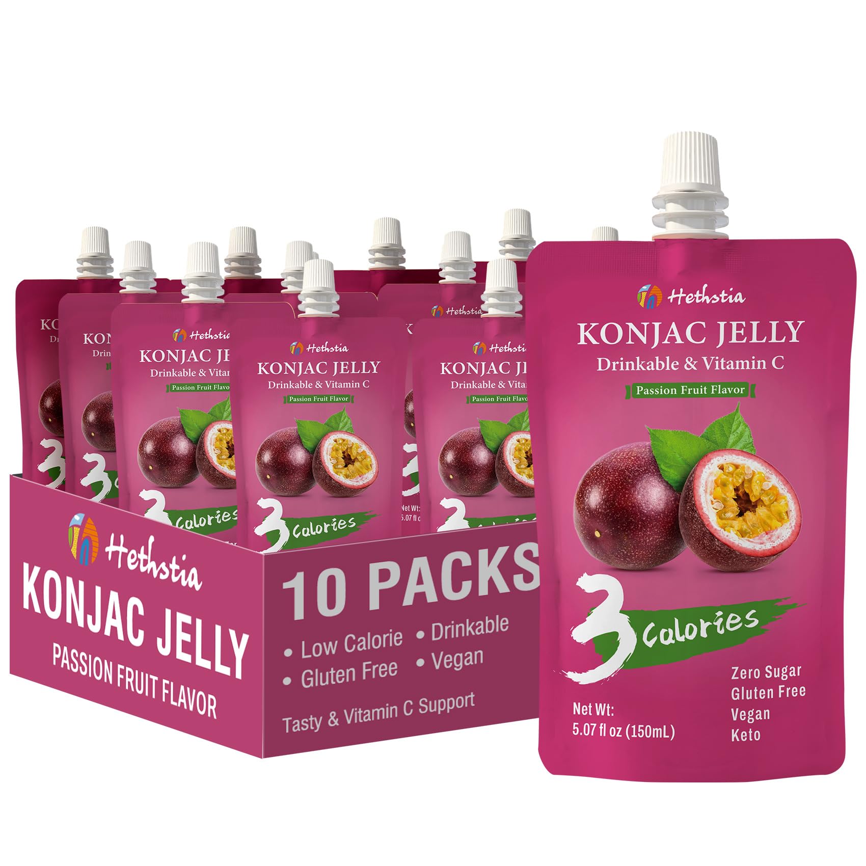 Hethstia Konjac Jelly Drinkable Squeeze Pouch Passion Fruit Flavor, 3 Calories, 10 Packs, 0 Sugar, Vegan, Gluten Free, Keto, Vit