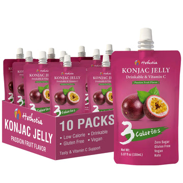 Hethstia Konjac Jelly Drinkable Squeeze Pouch Passion Fruit Flavor, 3 Calories, 10 Packs, 0 Sugar, Vegan, Gluten Free, Keto, Vit