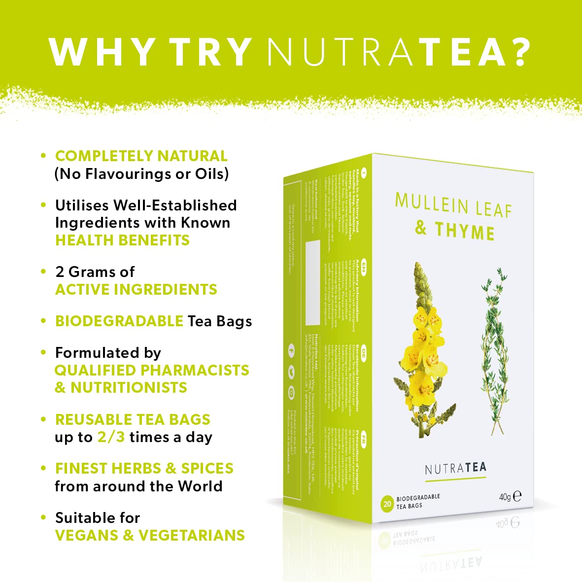 Nutratea - Mullein Leaf & Thyme Tea | Mullein Tea | Mullein Leaf Tea - Mullein Tea For Lungs & Throat - 20 Tea Bags - Herbal Tea