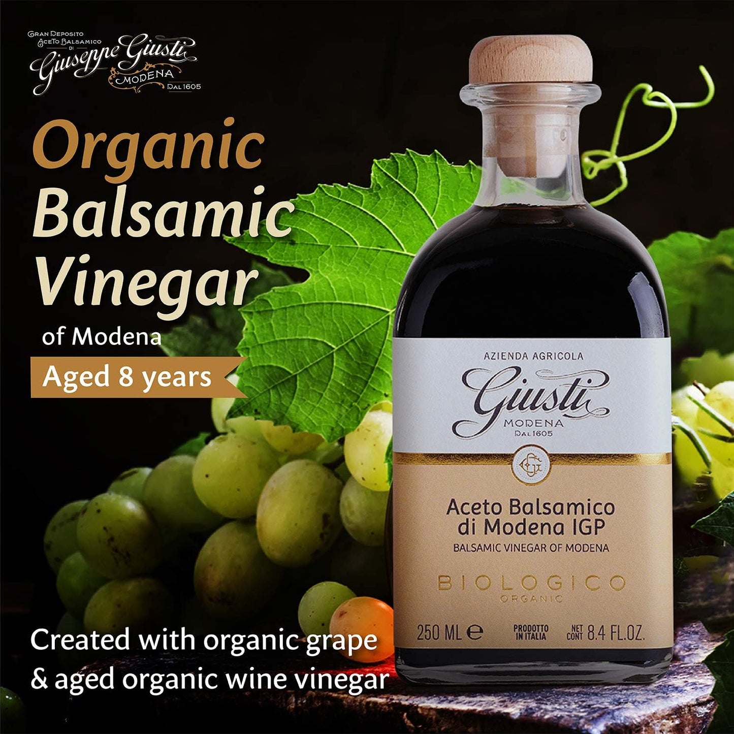 Giusti Organic Balsamic Vinegar of Modena 250ml - Black Balsamic Vinegar, 8.45 Fl Oz