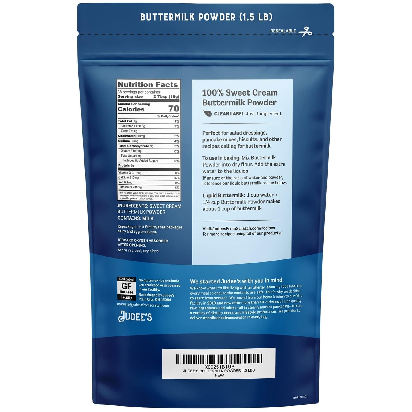 Judees Buttermilk Powder - 100% Non-GMO, Gluten-Free - 1.5 lb (24oz) - Ideal for Baking and Cooking