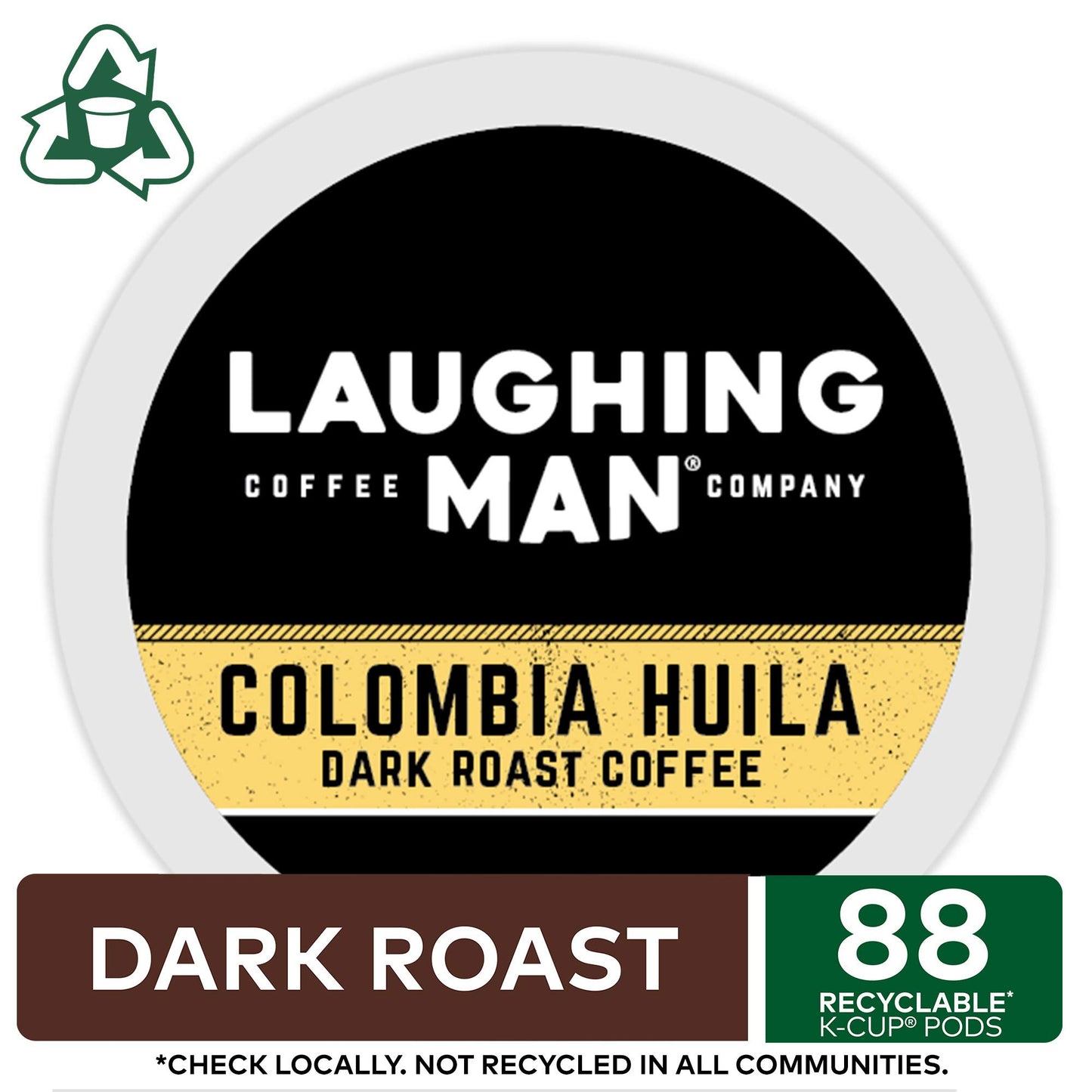 Laughing Man Colombia Huila Coffee, Keurig Single Serve K-Cup Pods, Dark Roast, 88 Count (4 Packs of 22)