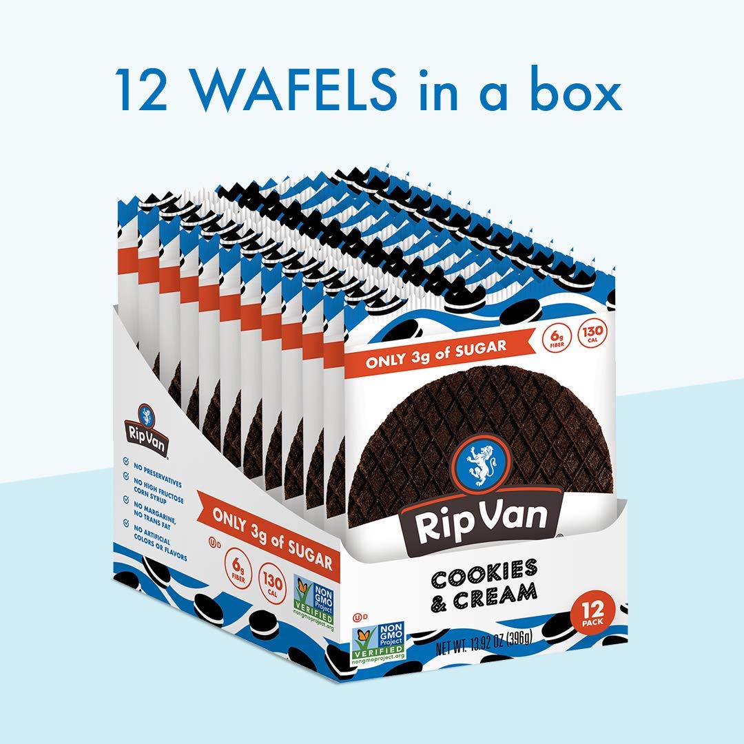 Rip Van Wafels Cookies & Cream Stroopwafels - Healthy Snacks - Non GMO Snack - Keto Friendly - Office Snacks - Low Sugar (3g) - Low Calorie Snack - 48 Count (Pack of 1)