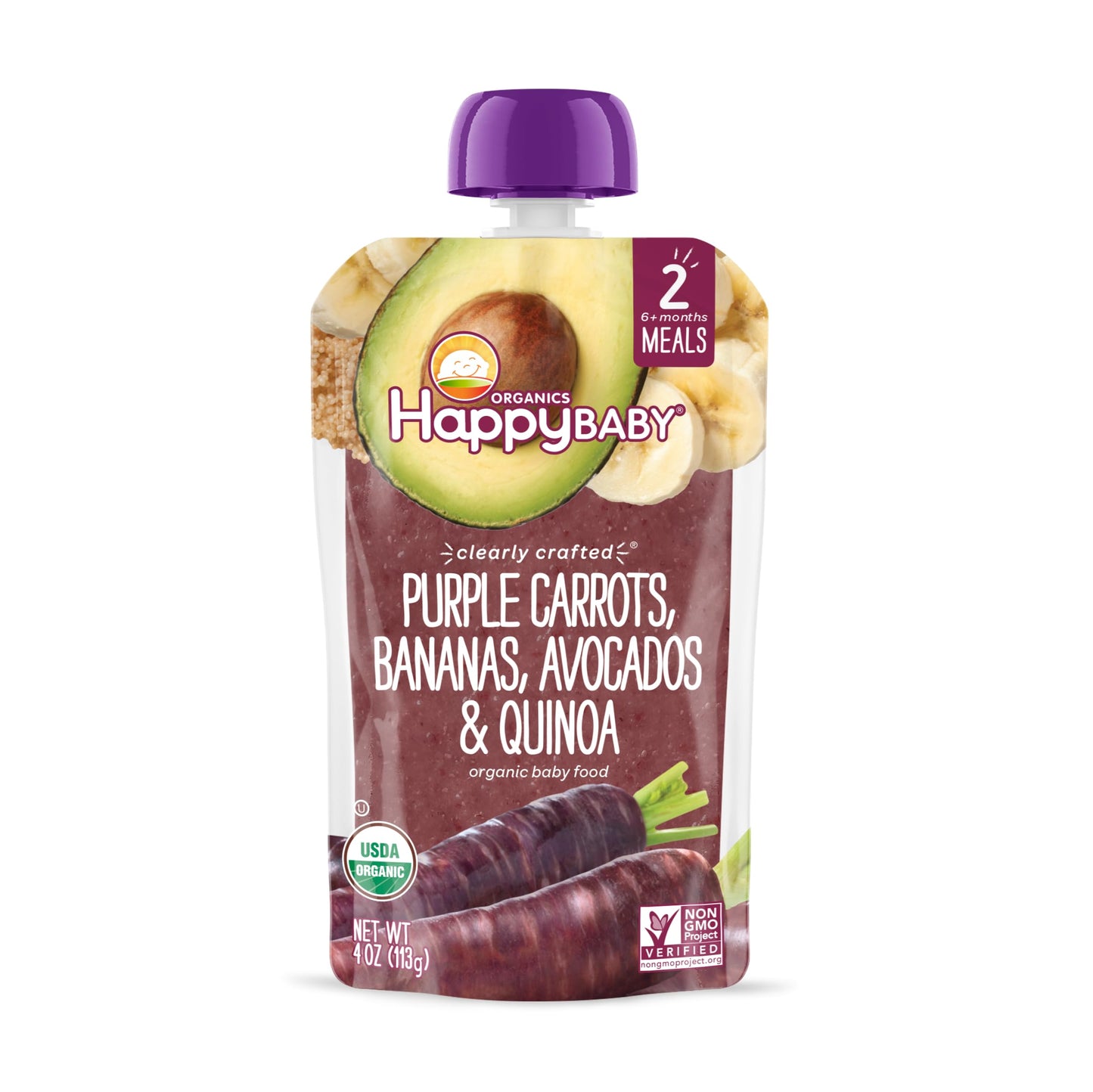 Happy Baby Organics Stage 2 Baby Food Pouches, Gluten Free, Vegan & Healthy Snack, Clearly Crafted Fruit & Veggie Puree, Purple Carrots, Bananas, Avocados & Quinoa, 4 Ounces (Pack Of 16)