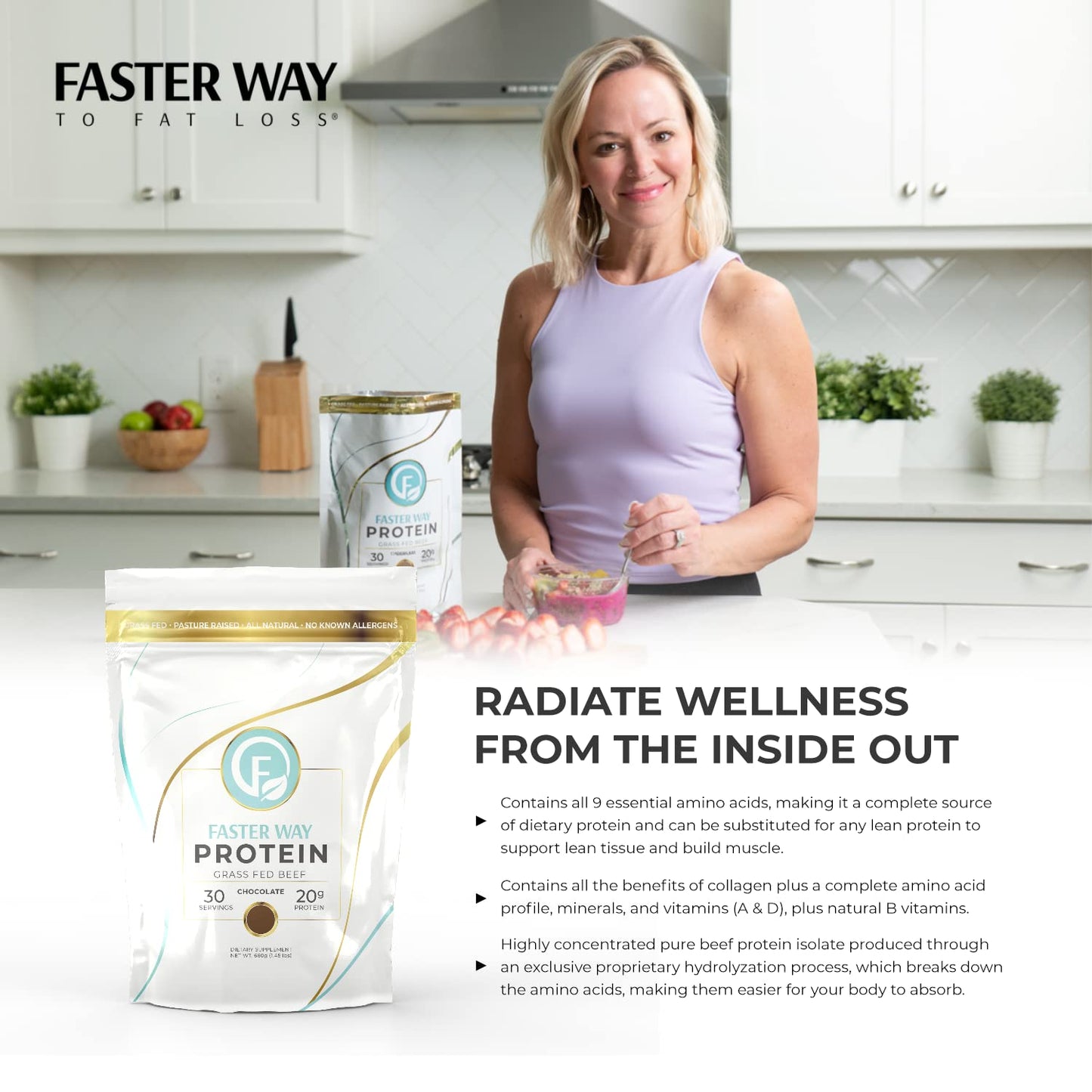 Faster Way - Protein Powder - Hydrolyzed Grass Fed Beef - 20g of Protein Per Serving - Muscle Growth & Recovery - 9 Essential Am