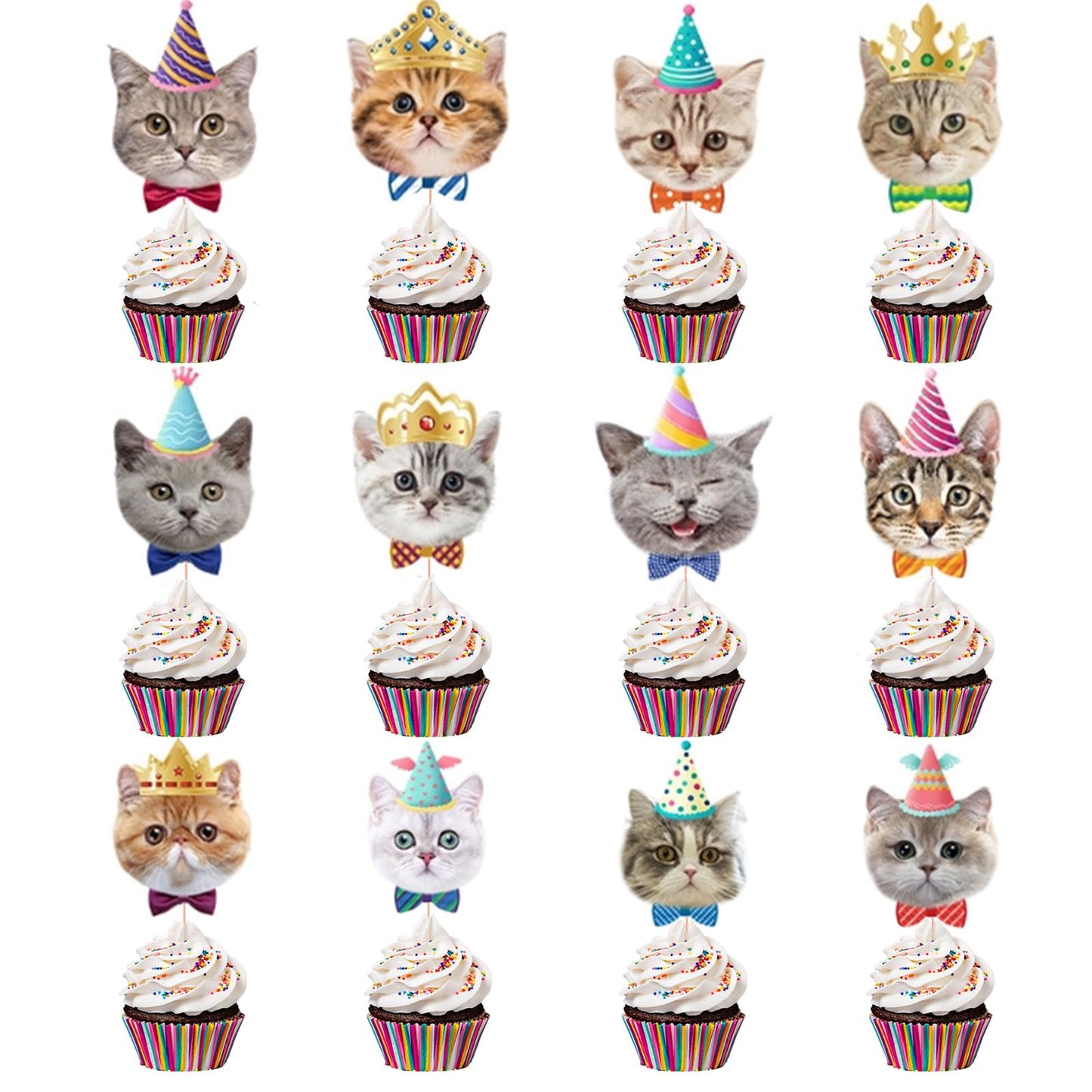 24Pcs Cake Toppers Cat Pet Birthday Cupcake Topper Cat Face Kitten Themed Party Cake Decorations Baby Shower Party Supplies