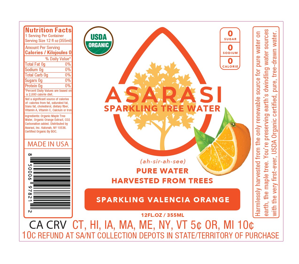 Asarasi Organic Sparkling Valencia Orange Tree Water - 12 Pack