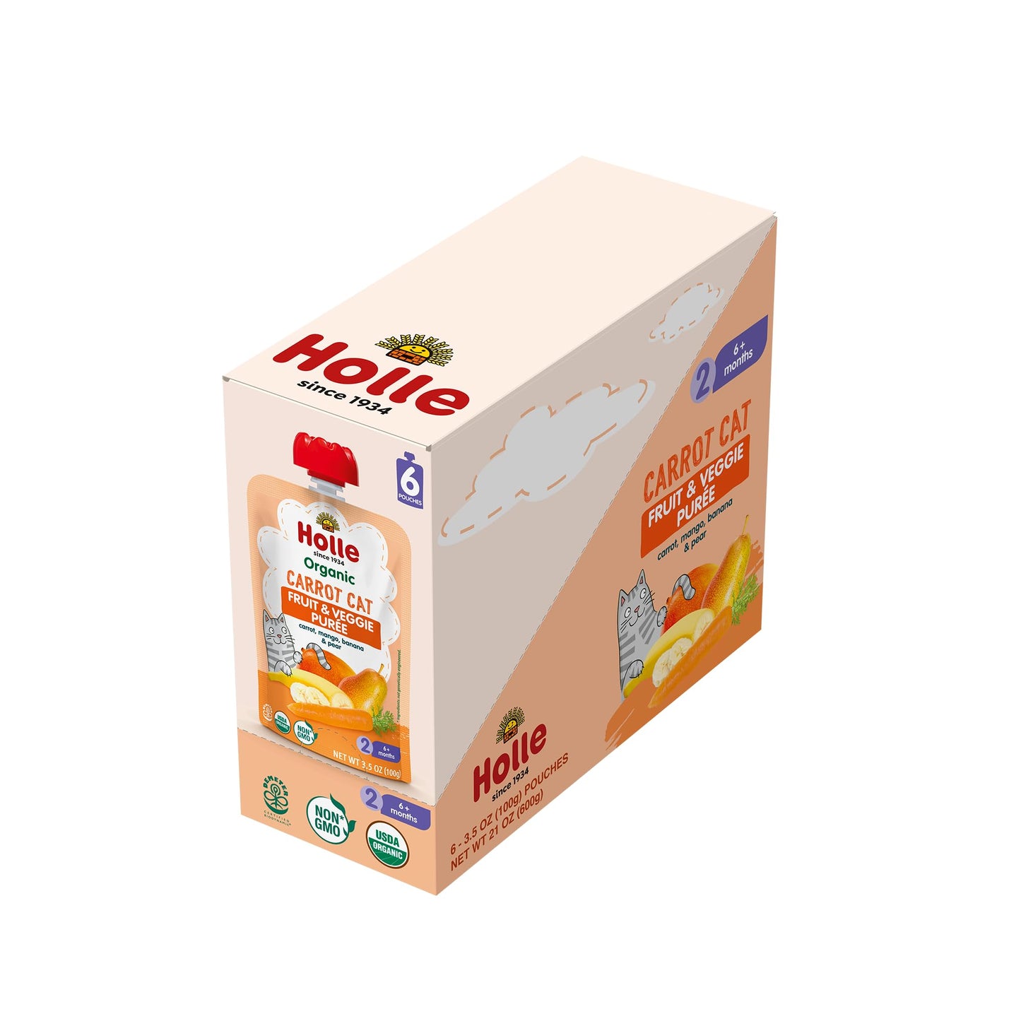 Holle Organic Baby Food Pouches - Carrot Cat Baby Puree With Carrot, Mango, Banana & Pear - (6 Pack) Organic Baby Snacks + Fruit And Veggie Pouches For Weaning Babies 6 Months And Older