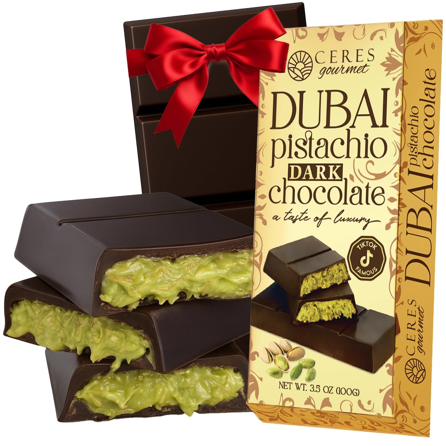 Ceres Gourmet Dubai Chocolate Bar Pistachio 3.5 Oz  Dark Chocolate Knafeh  Perfectly Portioned Packaflavor Blendg Dubai Chocolate  Top-Grade Kunafa Chocolate Bars (3.5 Oz  Dark Chocolate)