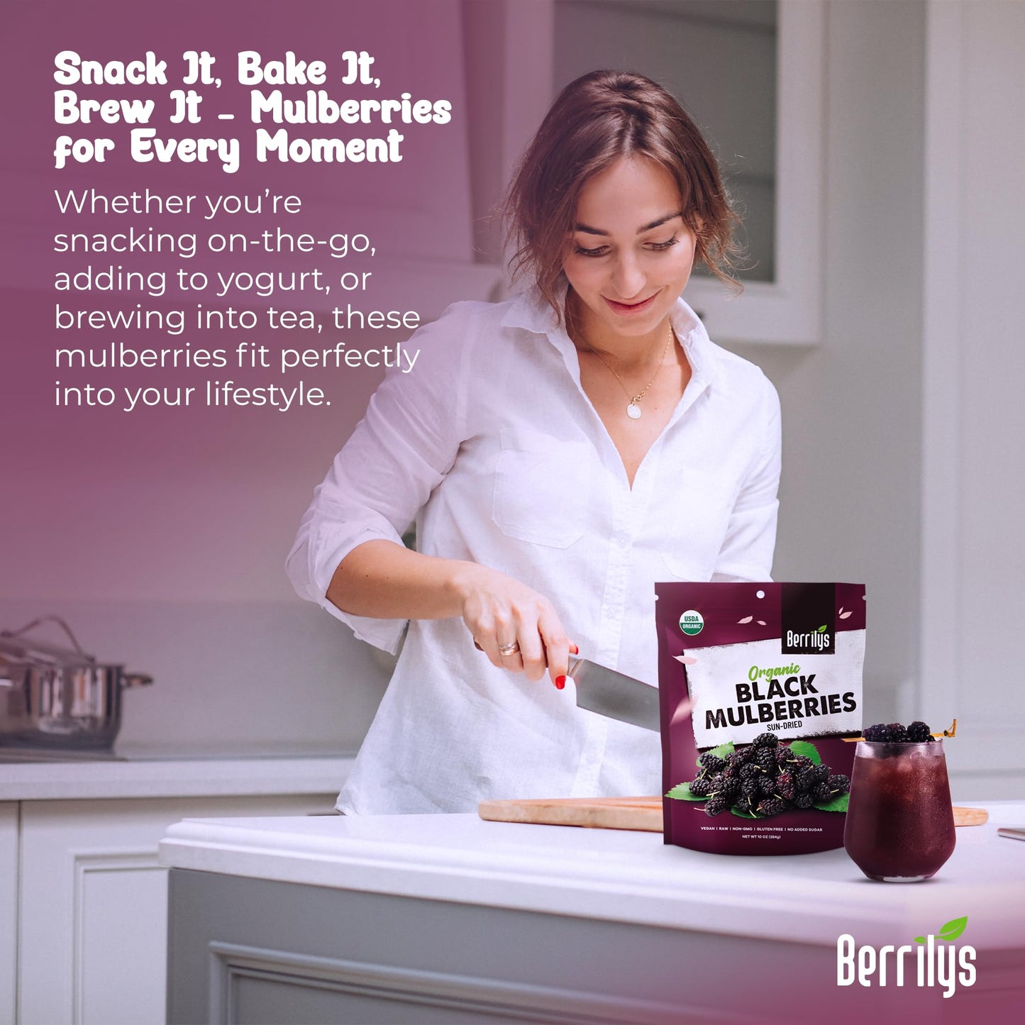 Berrilys Organic Dried Mulberries, Non-GMO, Unsulfured, Raw, 10 oz, Vegan Snack