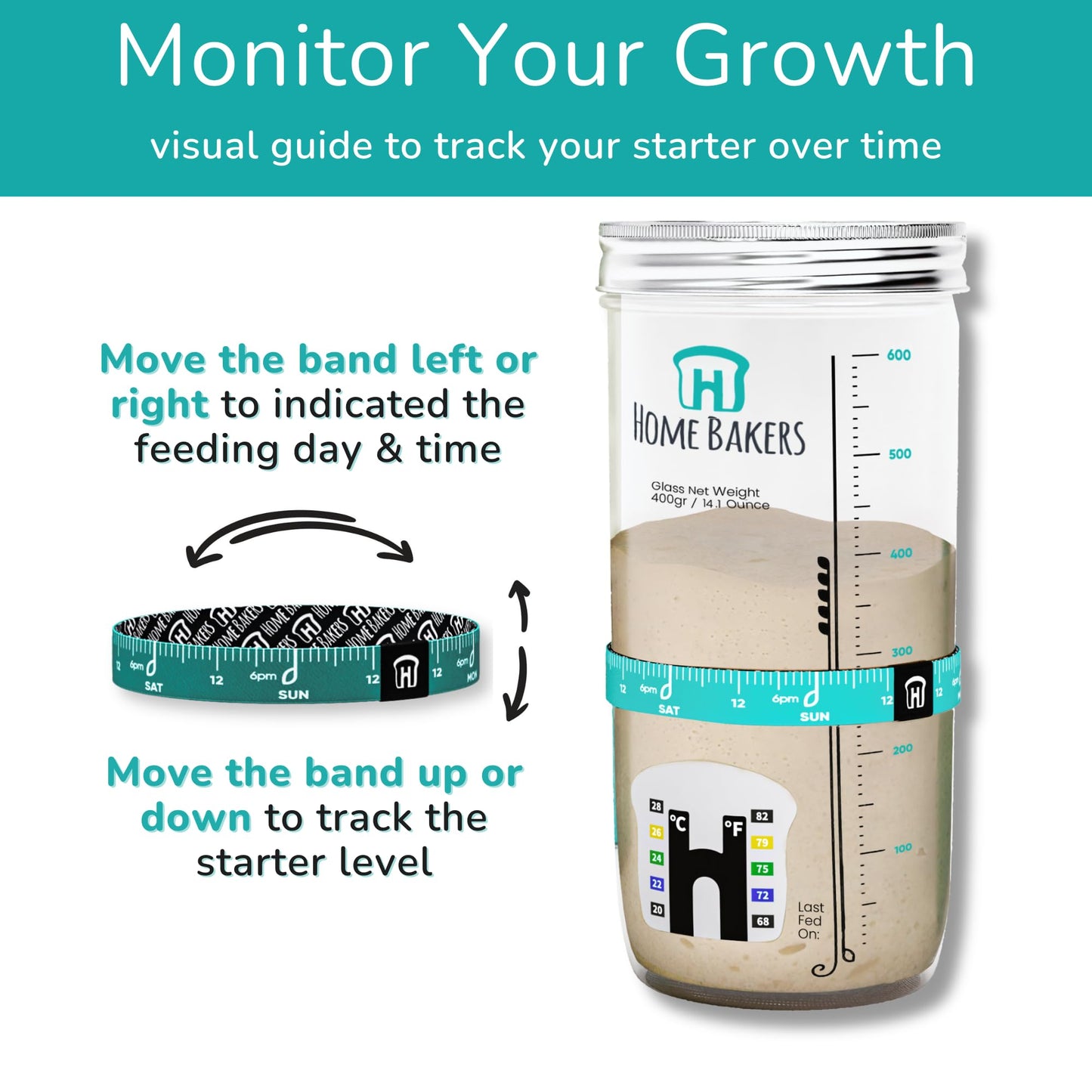 Ameeze Sourdough Starter Kit – 24oz Glass Jar with Feeding Band, Temp Strip, Airtight Lid – Teal, Beginner-Friendly, Model 2024