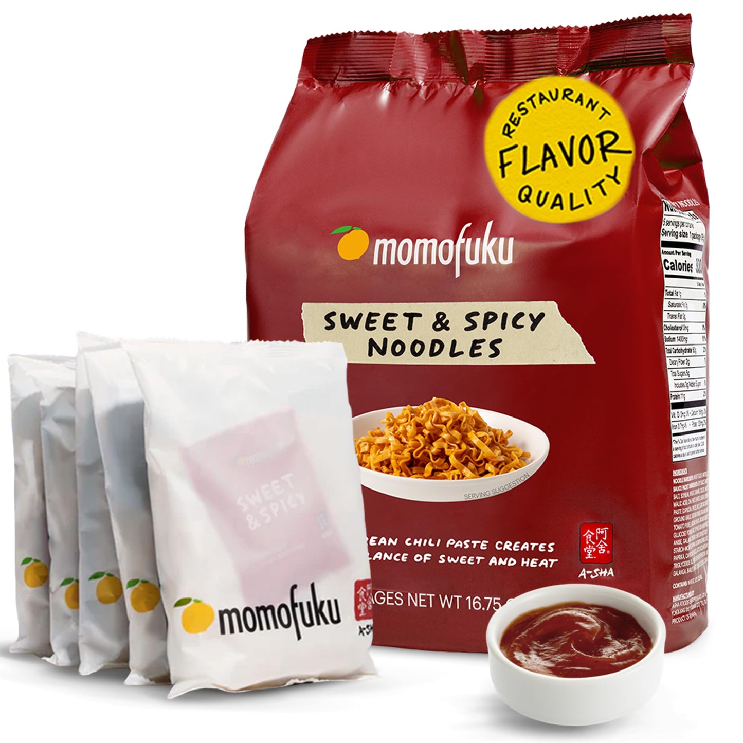 Momofuku Sweet & Spicy Ramen Noodles By David Chang, 5 Count (Pack Of 1) Air-Dried Vegan Instant Noodles With Sauce