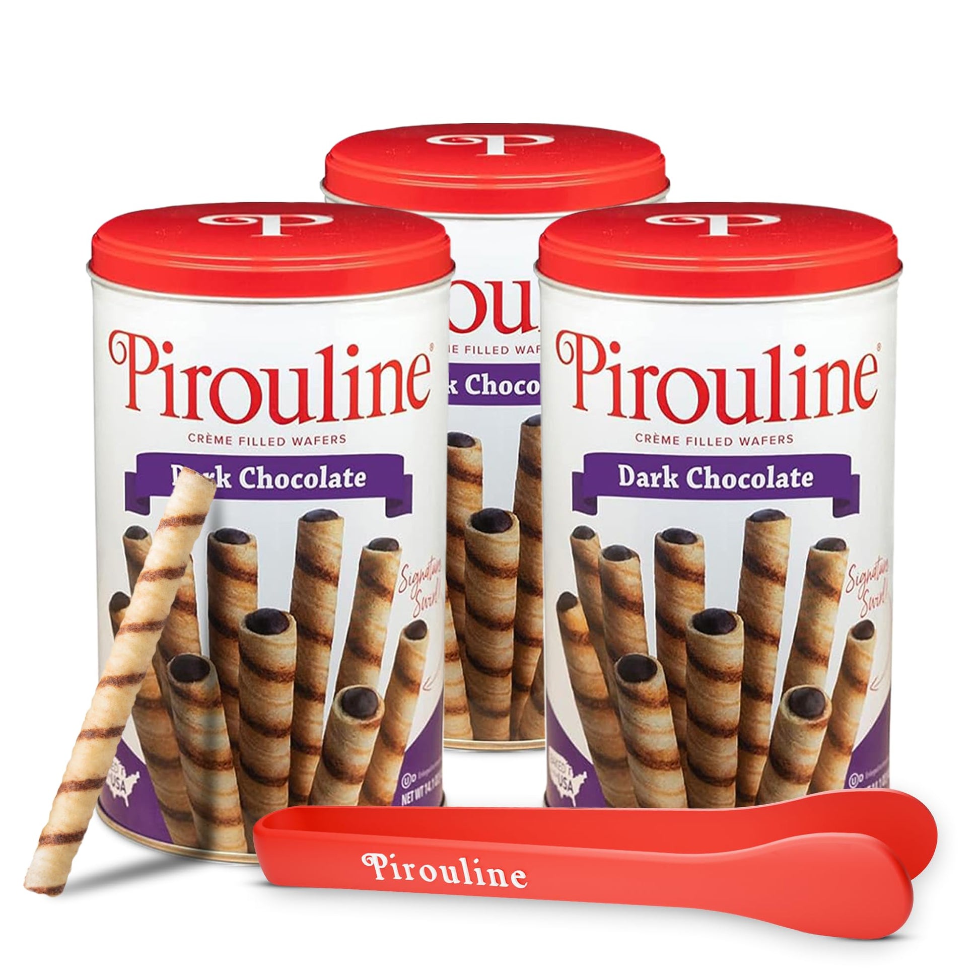 Pirouline Rolled Wafers – Dark Chocolate – Rolled Wafer Sticks Bundled With Serving Tongs, Crème Filled Wafers For Coffee, Tea, Ice Cream, Snacks, Parties, Gifts, And More – 14Oz Tin 3Pk