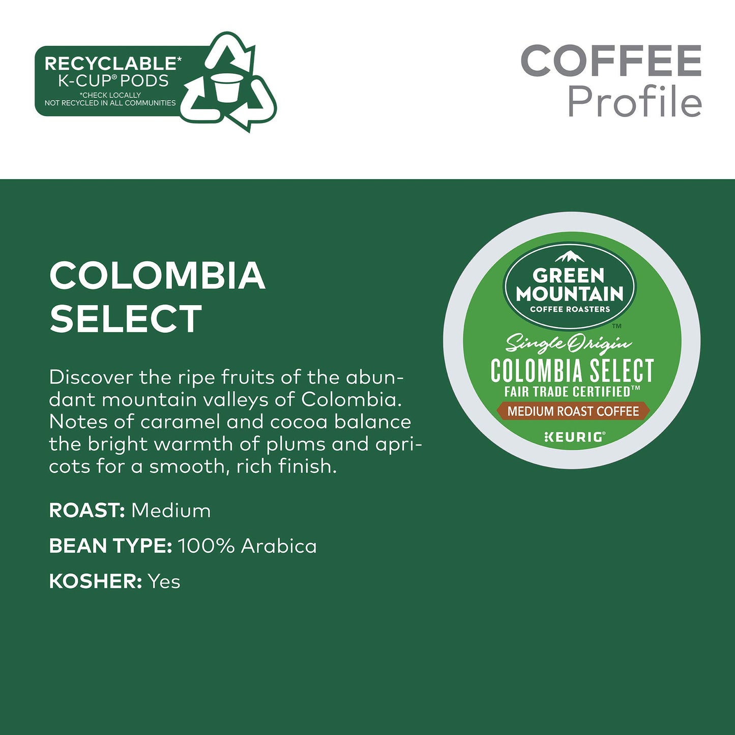 Green Mountain Coffee Roasters Colombia Select Keurig Single-Serve K-Cup Pods, Medium Roast Coffee, 72 Count (6 Packs Of 12)