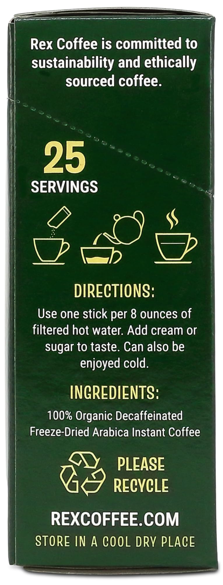 Rex Coffee Organic Fairtrade Decaf Freeze-Dried Instant Sticks - Naturally Decaffeinated Arabica  25 Single-Serve Packs  Mountain Water Process