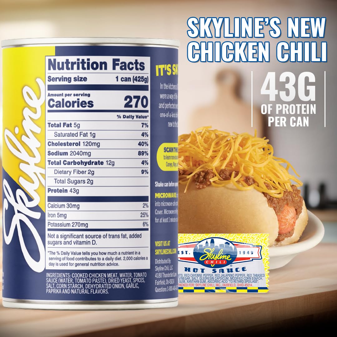Skyline Chicken Chili Bundle - 4-Pack 15 oz Cans with 8 Packets of Skyline Chili Hot Sauce  Authentic Cincinnati Chili & Spicy Sauce Combo for Coneys  Spaghetti  Nachos & Low Carb Meals