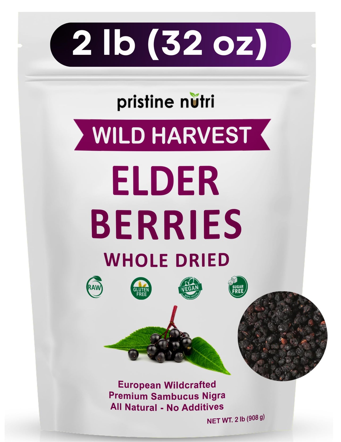 Pristine Nutri Dried Elderberries | Wildcrafted, Non-GMO | 2 lb (32 oz) Immunity Booster Antioxidants and Vitamins