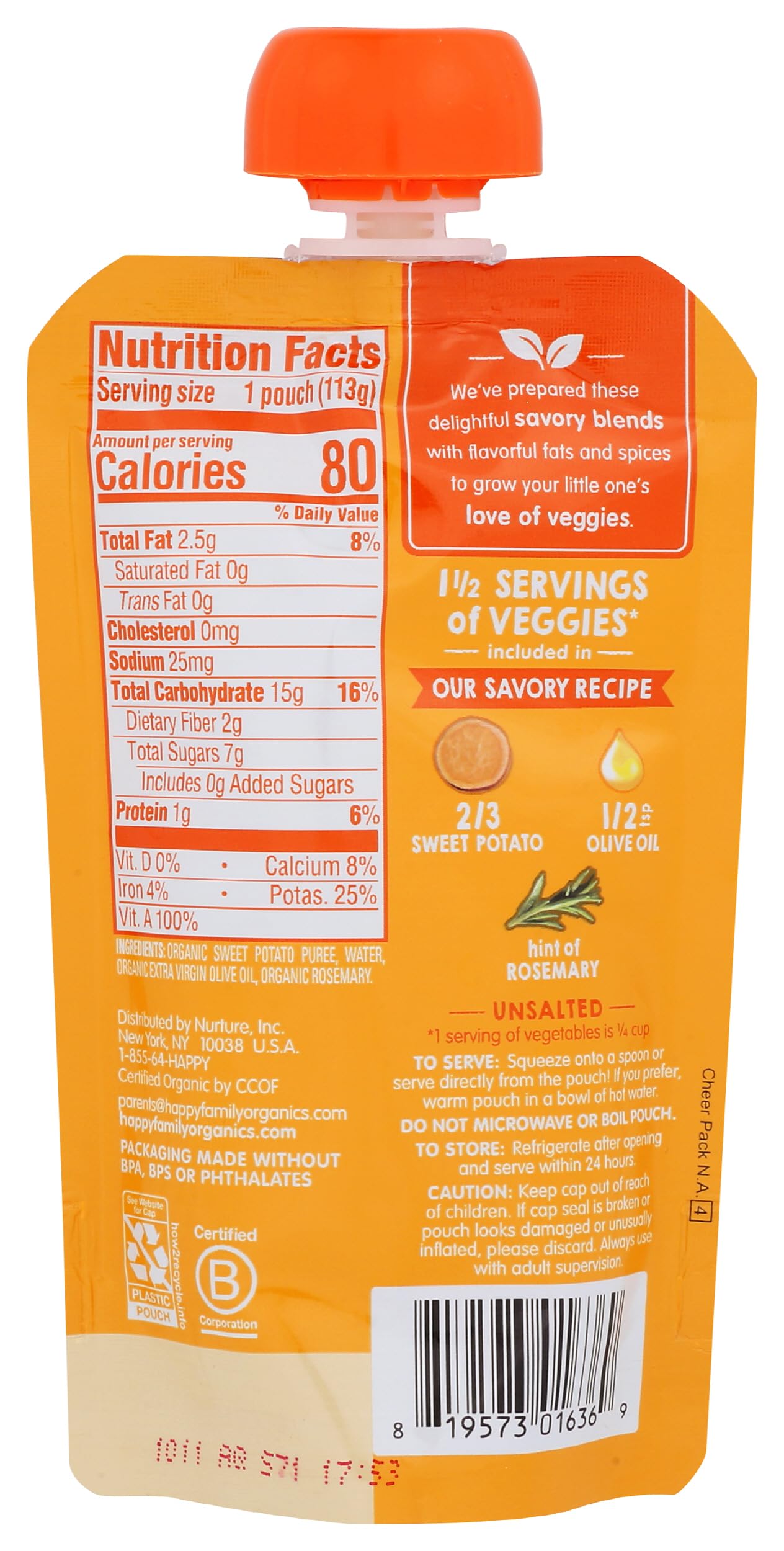 Happy Baby Organic Sweet Potatoes With Olive Oil & Rosemary Baby Food, 4 Oz