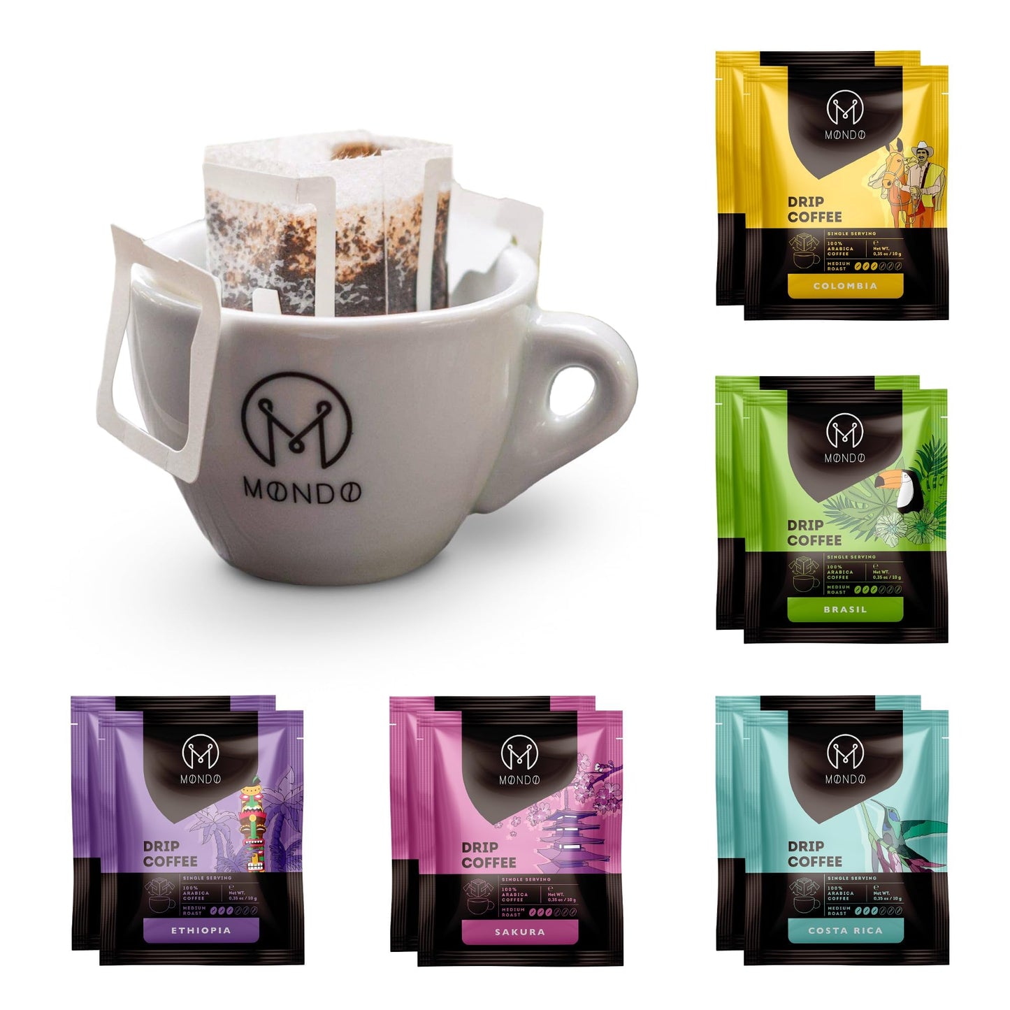 Mondo Drip Coffee Mix (10-Pack Variety), Single Serve Pour Over Filter Bags, Pre-Filled 100% Arabica, Medium Roast
