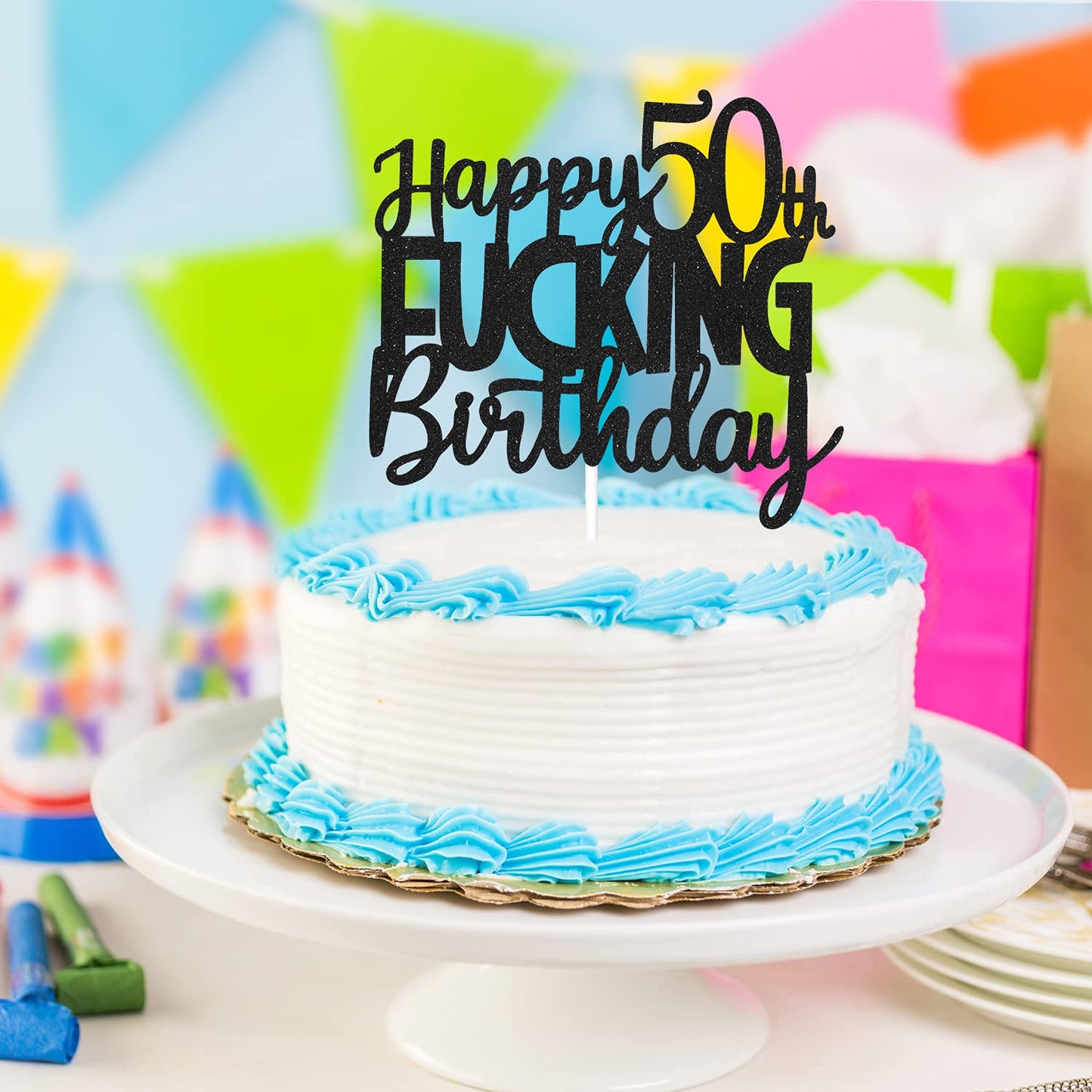 Caiwowo Happy 50th Birthday Cake Topper - Black Glitter Party Decoration