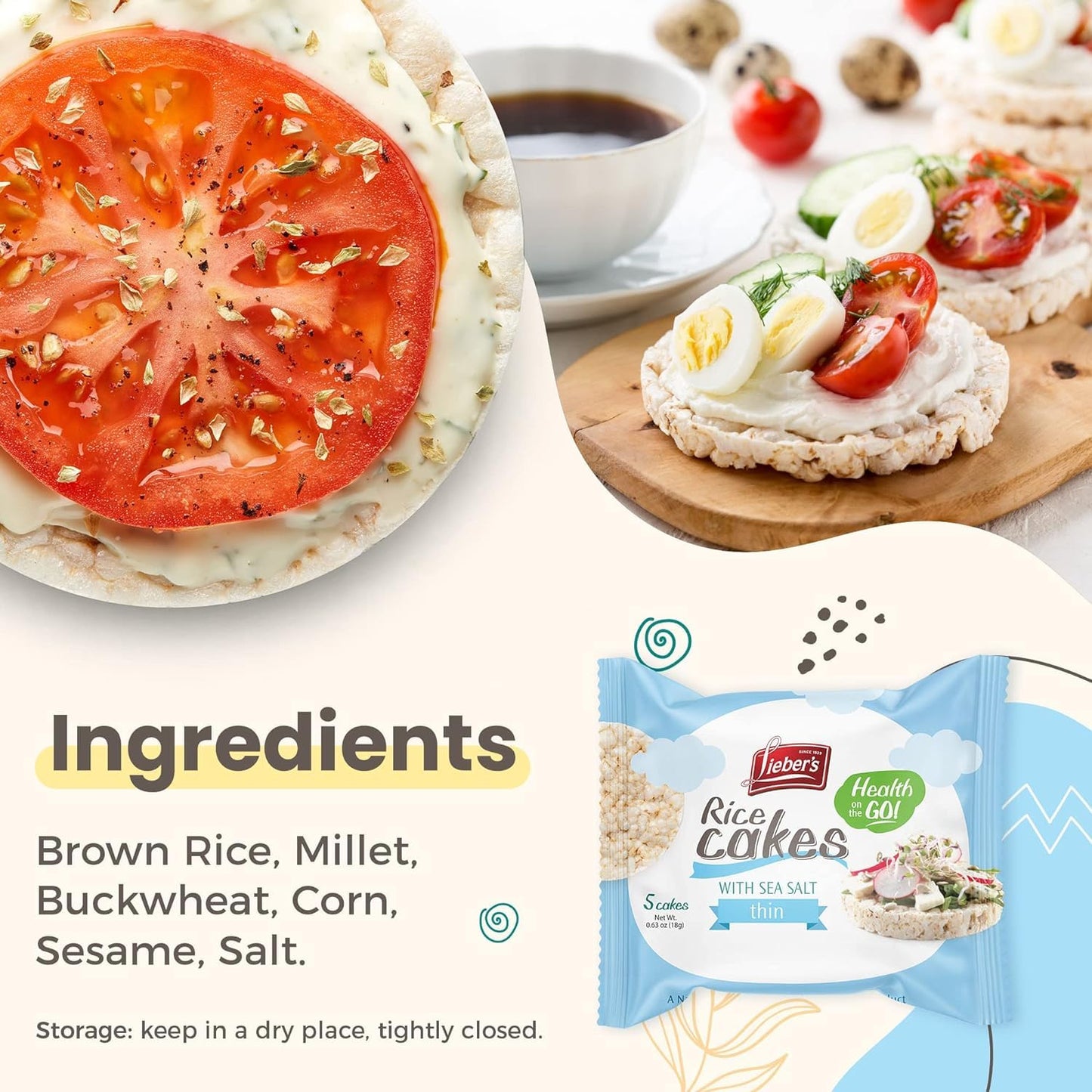 Leibers Rice Cakes On The Go Snack Pack - 16 Packs - Made With Brown Rice, Sea Salt, 5 Thin Cakes Per Pack - Kosher, Vegan, Whea