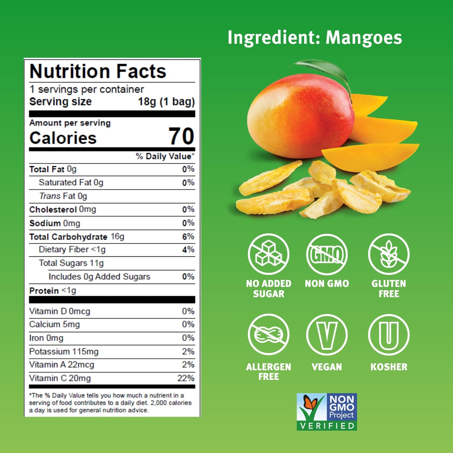 Crispy Green Freeze-Dried Mango Fruit Snacks, No Sugar Added, 0.63 Ounce (Pack of 12)