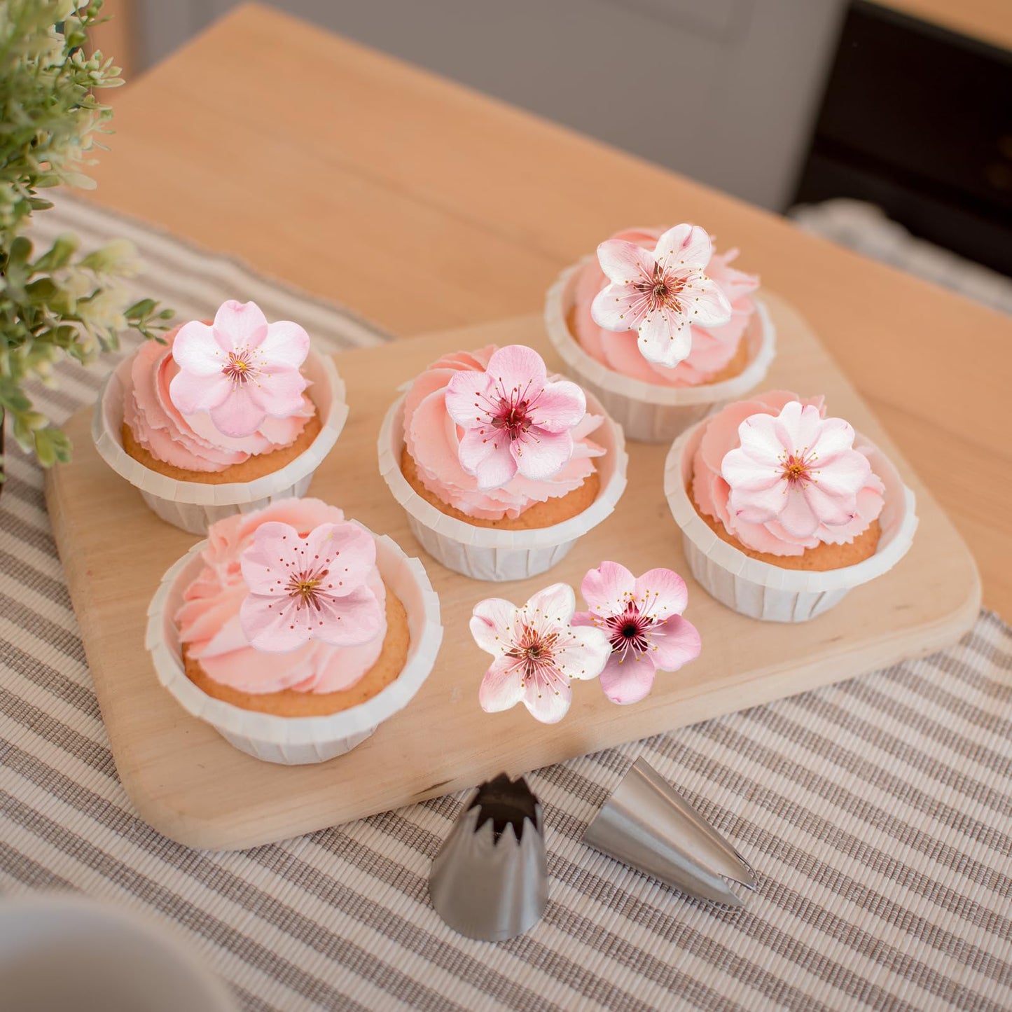 Fyeoxle Edible Cherry Blossoms Cupcake Toppers, 70PCS Wafer Paper Flowers, 1.7 x 1.9 inches, Pink, Baby Shower & Birthday Party Decor