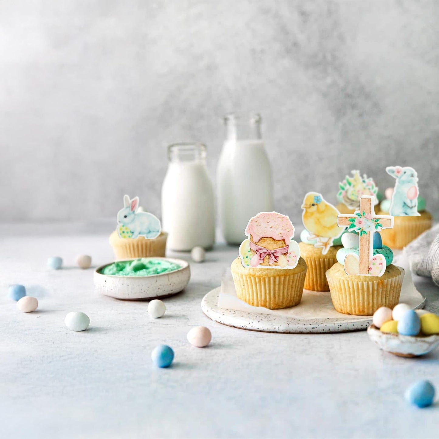 Gyufise 48Pcs Edible Happy Easter Cupcake Toppers Wafer Paper Rabbit Eggs Cupcake Picks Edible Bunny Cake Decors For Spring Theme Baby Shower Birthday Party Supplies