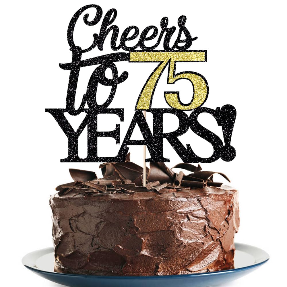 Klionjor Birthday Cake Topper, 75th Anniversary Decoration, Black Gold, Paper, Model 85
