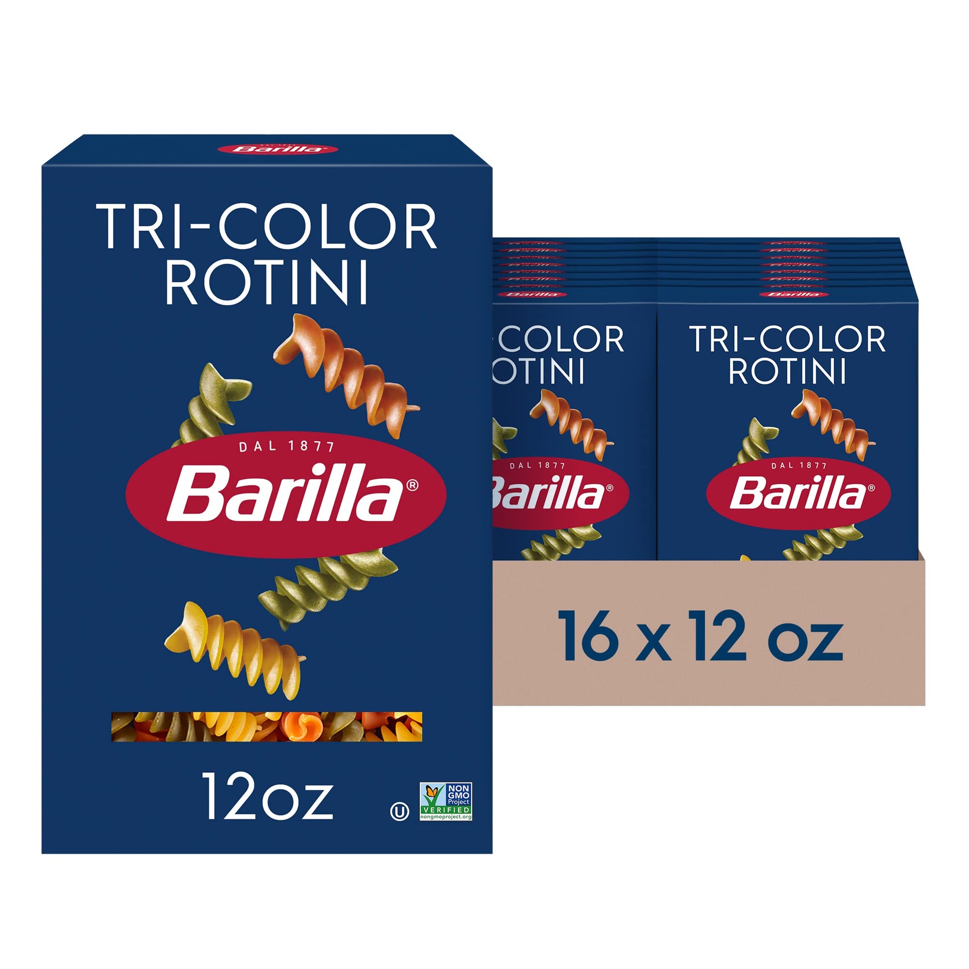 Barilla Tri-Color Rotini Pasta, 12 oz. Box (Pack of 16) - Non-GMO, Made with Durum Wheat Semolina - Kosher Certified