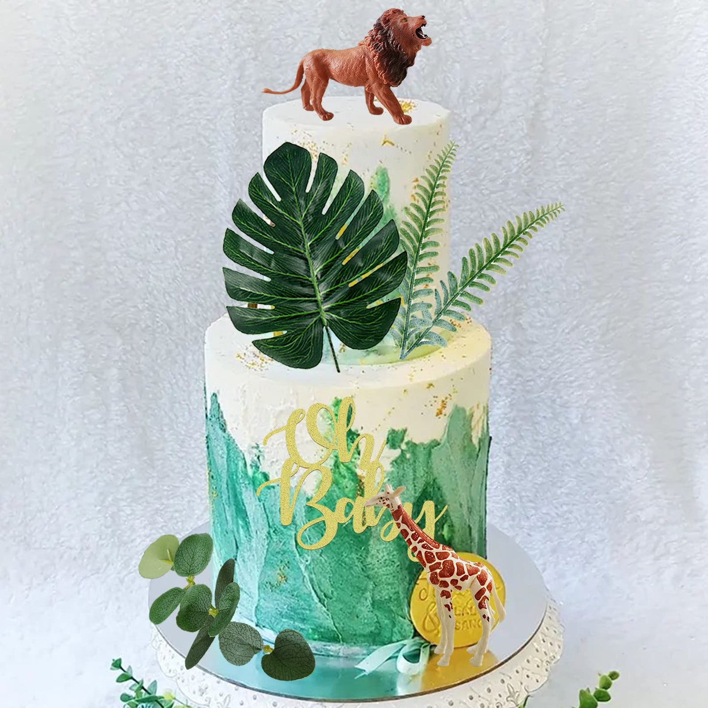 Realistic Safari Jungle Animals Cake Toppers With Plam Leaf Eucalyptus Leaves Cake Decorations For Wild Themed Birthday Baby Sho