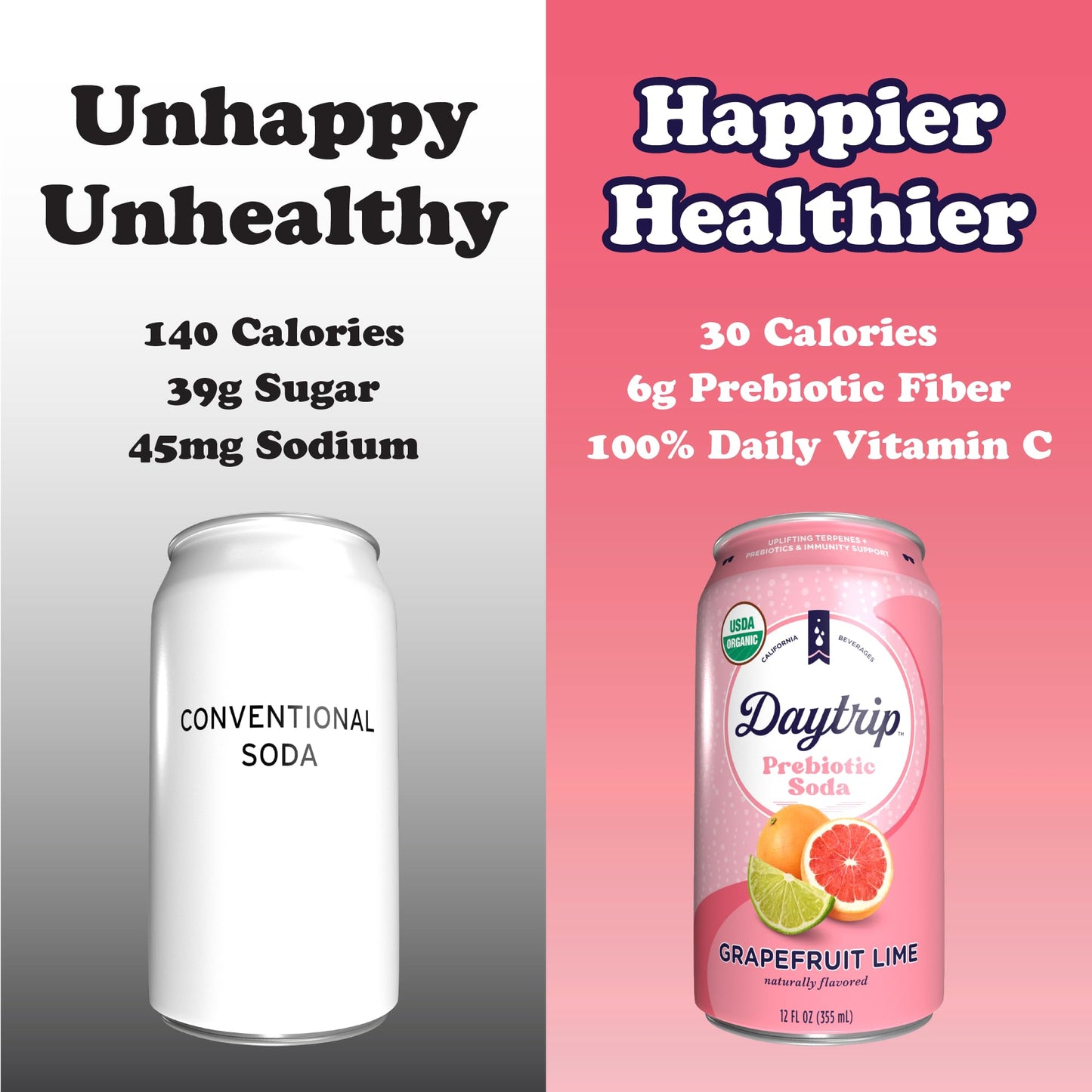 Daytrip Organic Sparkling Prebiotic Soda, Low Sugar, 12-Pack - G fruit