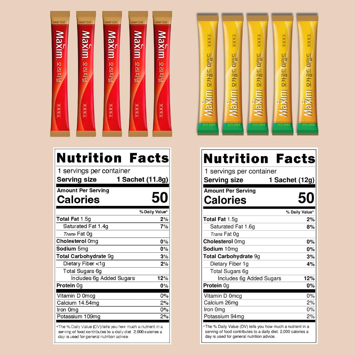 Korean Instant Coffee Mix - 50 Packets  2 Flavors - Maxim Original & Mocha Gold Mild  3-in-1 Coffee Sticks  Sweet & Creamy Instant Coffee Variety from Korea