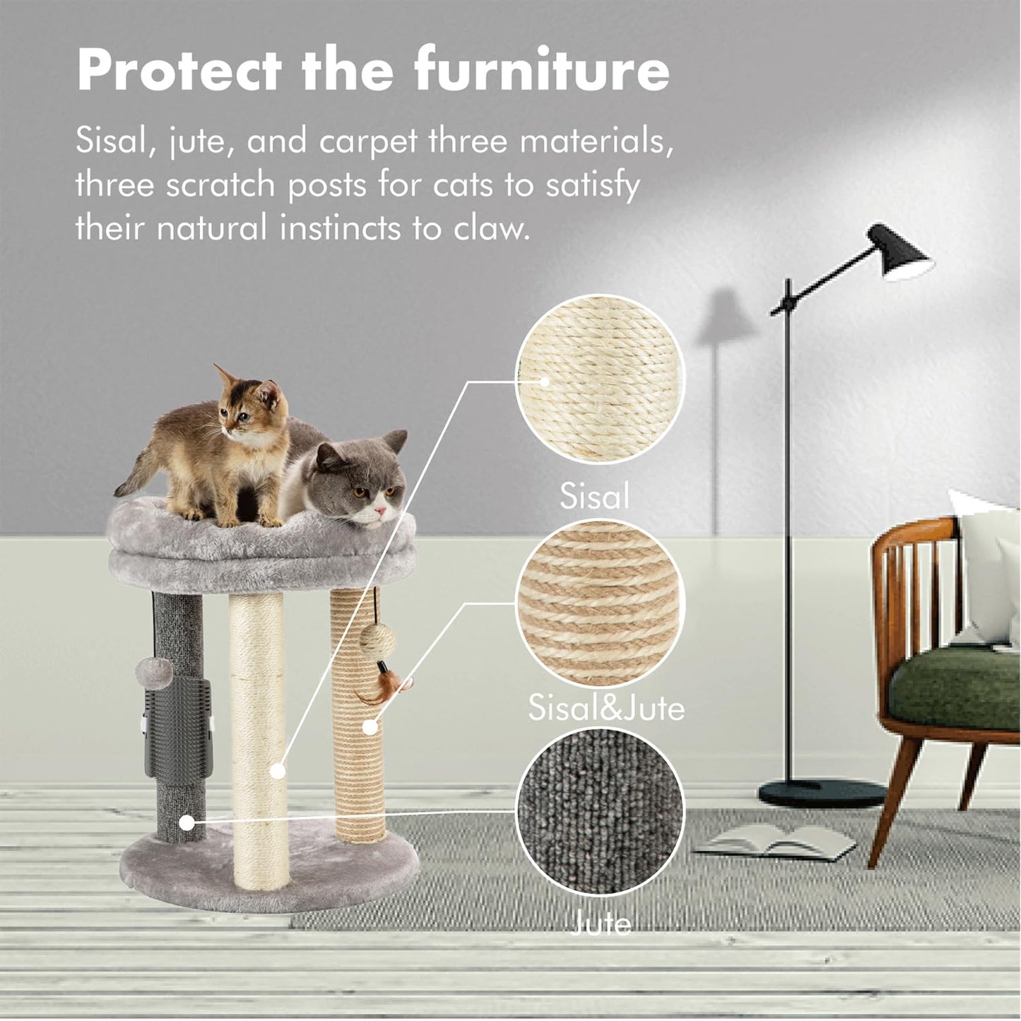 Mecool 4In1 Small Cat Tree,Scratching Post With Tower Soft Cat Bed, Sisal Carpet Jute Posts With Three Hanging Ball Toys And Mas